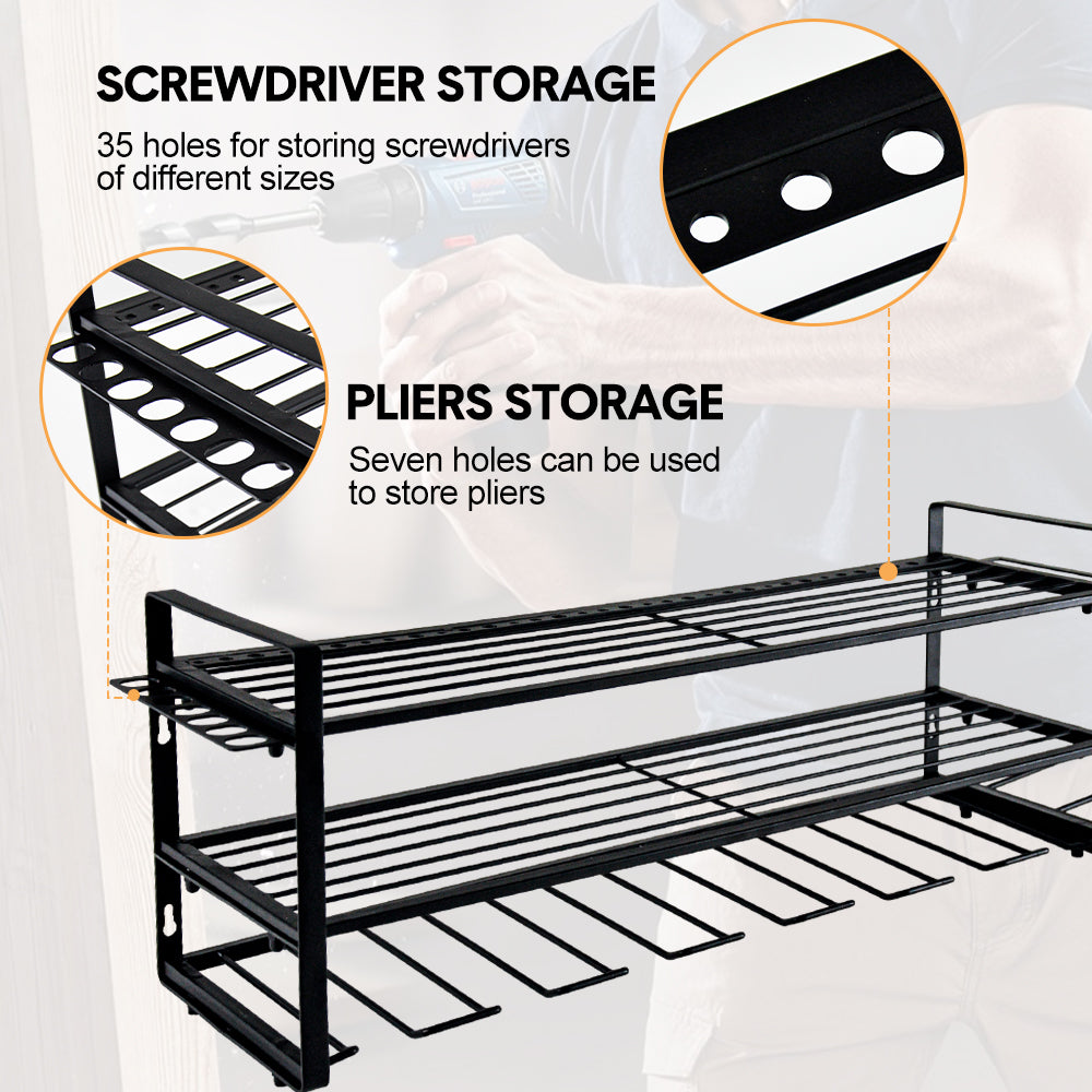 Power Tool Organizer Wall Mount 7 Drill Holder 3 Layer Heavy Duty Metal for Drill Plier Hammer Rack Suitable for Workshop Garage