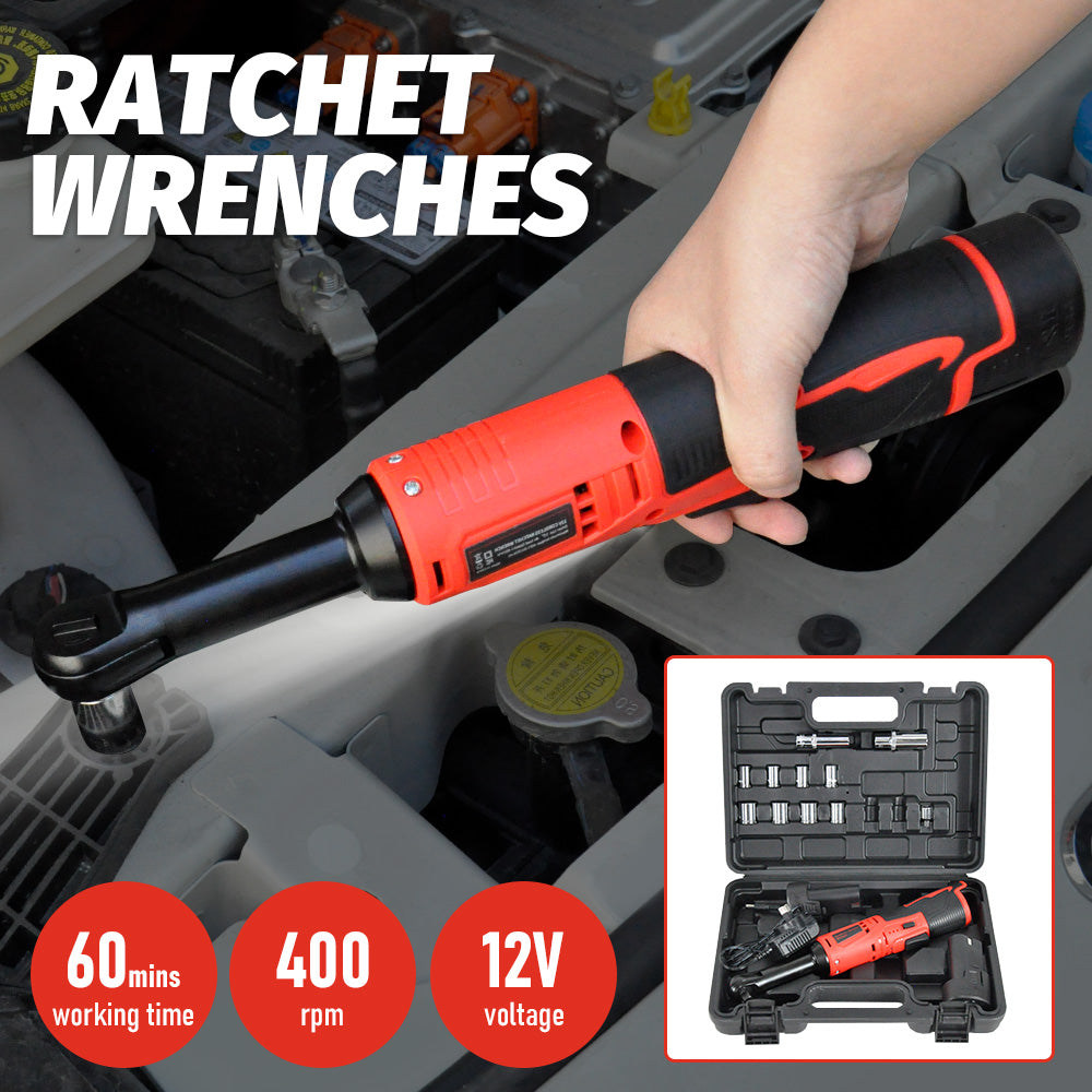 Cordless Electric Ratchet Wrench Set 12V Power Electric Ratchet Wrench 3/8inch 400 RPM Variable Speed with Sockets Two 2000mAh Batteries and Charger