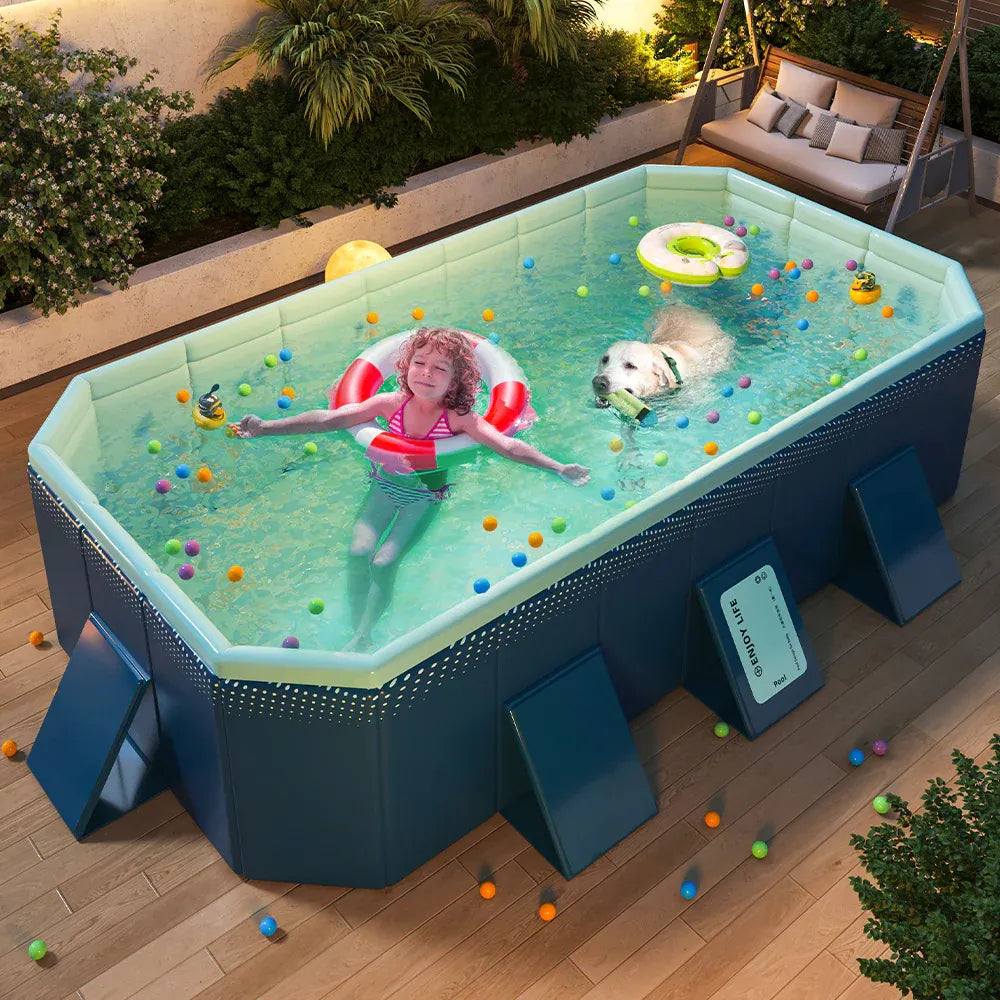 2.6m Foldable Pool PVC Non Inflatable Large Rectangle Pool Holding up to 6 People Hard Thickened Paddling Pool Easy Collapsible and Drainage 260×165×55cm
