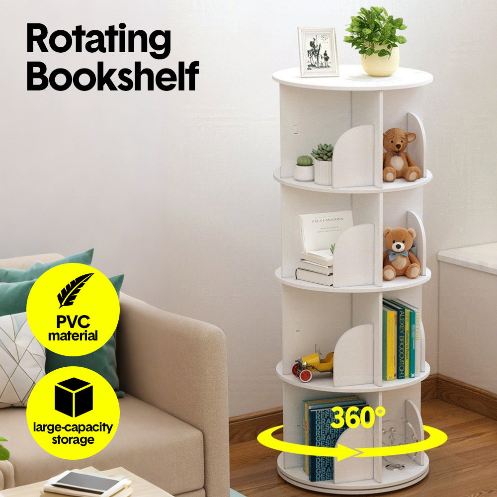 4 Tier Rotating Bookshelf PVC Freestanding Corner Rack Bookcase Multifunctional Spinning 360 Storage Shelf Organizer for Home Office Space-Saving White