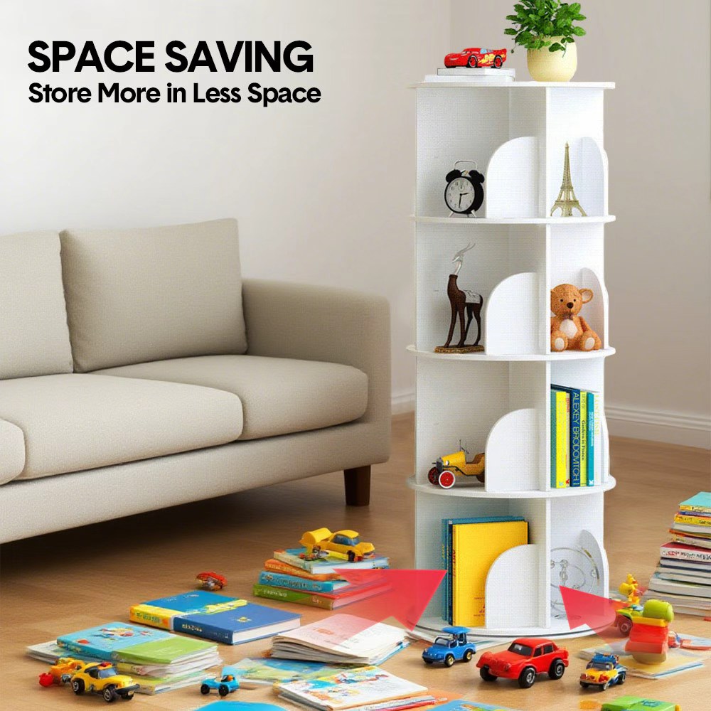 4 Tier Rotating Bookshelf PVC Freestanding Corner Rack Bookcase Multifunctional Spinning 360 Storage Shelf Organizer for Home Office Space-Saving White