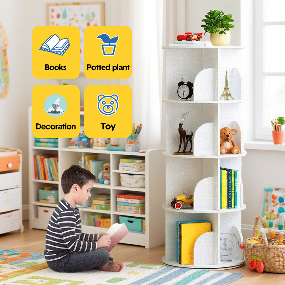 4 Tier Rotating Bookshelf PVC Freestanding Corner Rack Bookcase Multifunctional Spinning 360 Storage Shelf Organizer for Home Office Space-Saving White