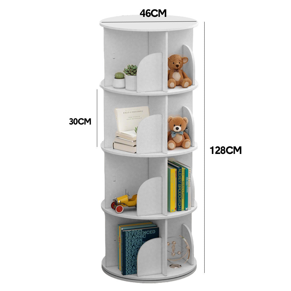 4 Tier Rotating Bookshelf PVC Freestanding Corner Rack Bookcase Multifunctional Spinning 360 Storage Shelf Organizer for Home Office Space-Saving White