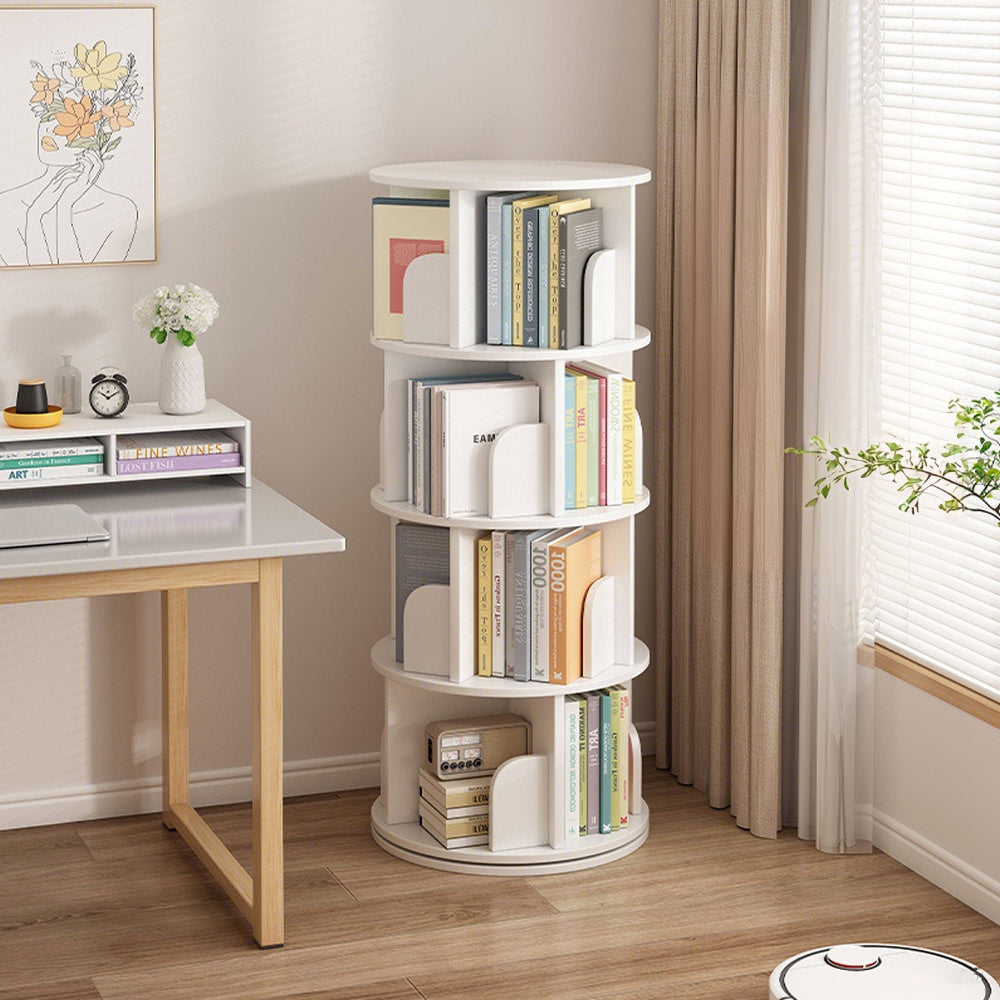 4 Tier Rotating Bookshelf PVC Freestanding Corner Rack Bookcase Multifunctional Spinning 360 Storage Shelf Organizer for Home Office Space-Saving White
