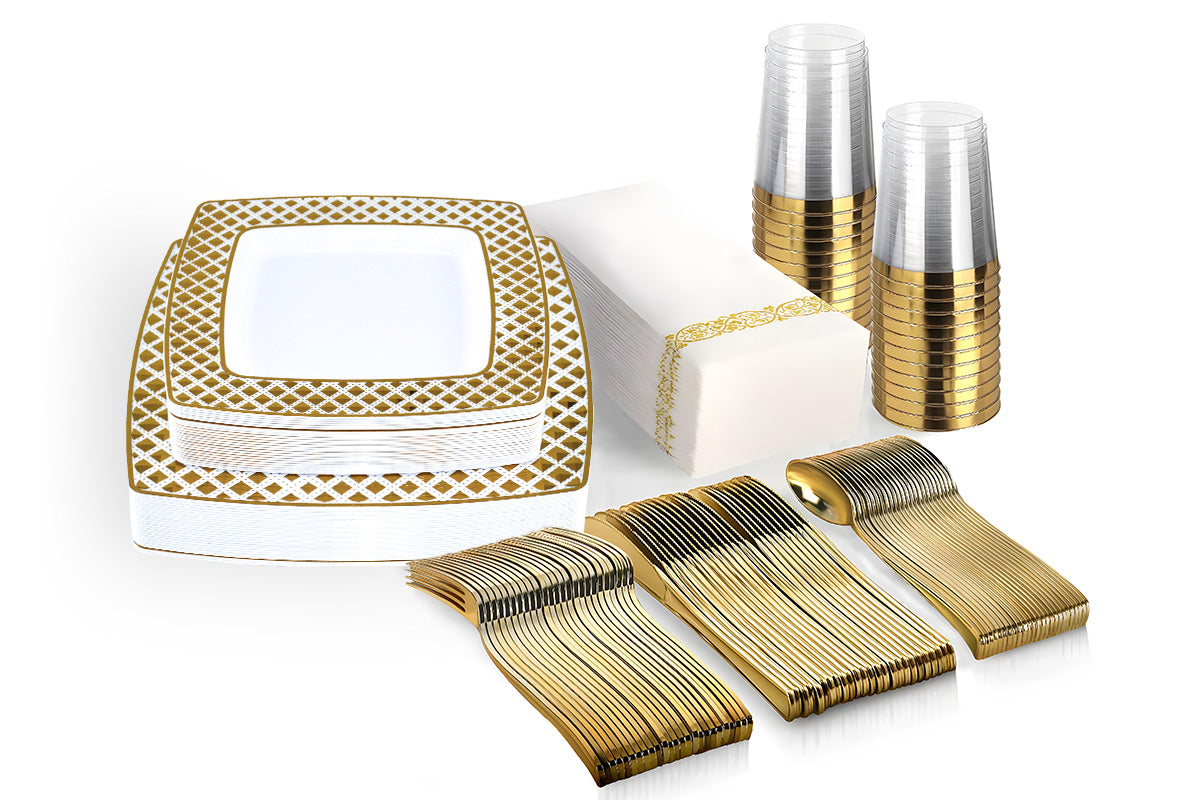 175pcs Food-Grade Wedding Event Banquet Disposable Tableware Dinnerware Gold-Edged Plastic Cutlery Pack of 25 Dining Sets Square Plates Cutlery Napkins