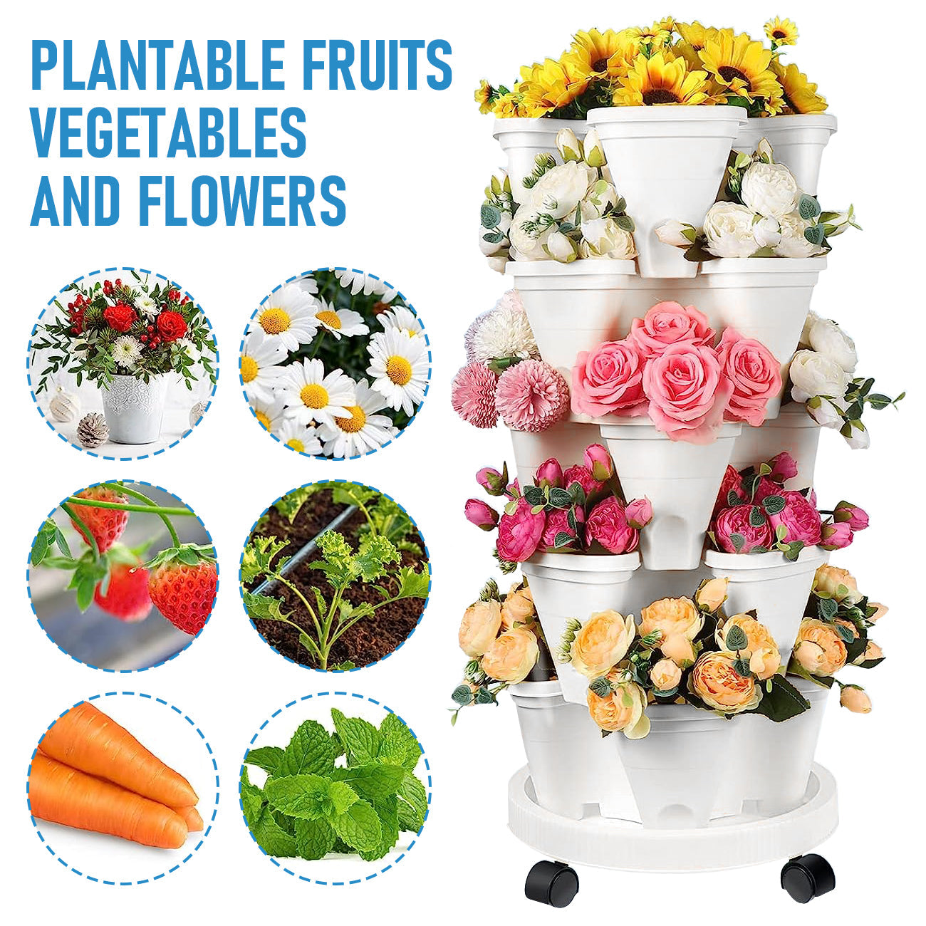 5 Tier Stackable Planter Pots Vertical Garden Stacking Space Saving High Yield Ideal for Herbs Flower Plants Veggies With Wheel White 37cm Width