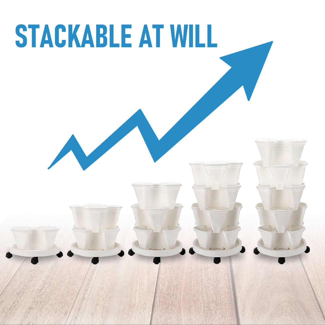 5 Tier Stackable Planter Pots Vertical Garden Stacking Space Saving High Yield Ideal for Herbs Flower Plants Veggies With Wheel White 37cm Width