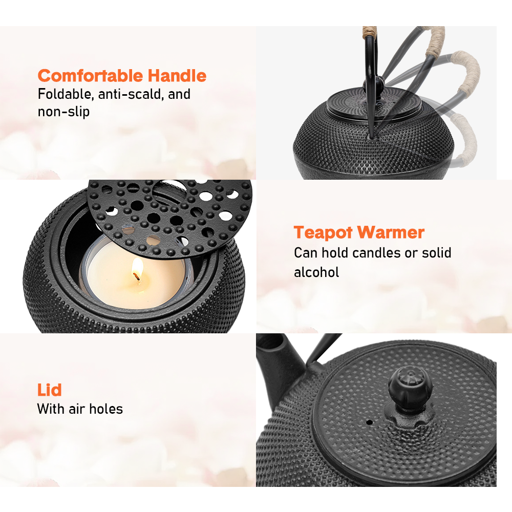 1.2L Cast Iron Teapot and Warmer Set Tea Kettle Iron Bottle With Stainless Steel Mesh Infuser and Anti-Scald Handle Compatible with Multi-Heat Source Black