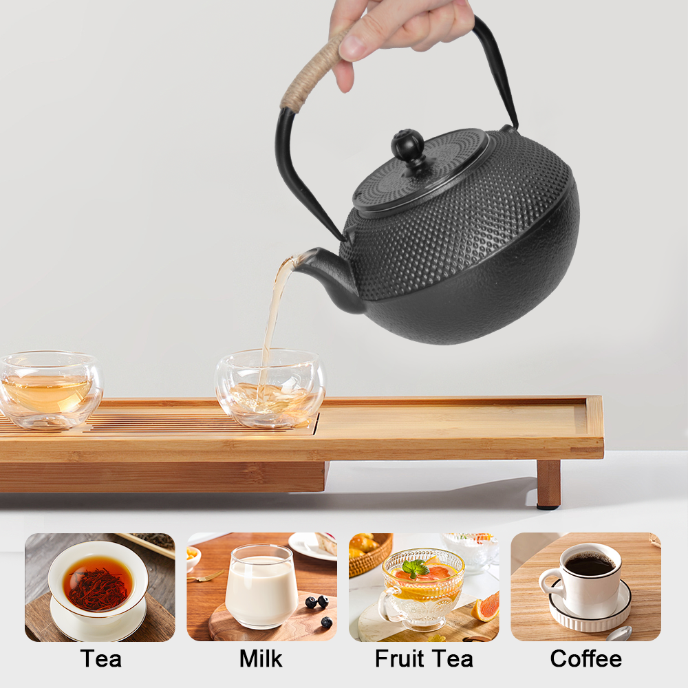 1.2L Cast Iron Teapot and Warmer Set Tea Kettle Iron Bottle With Stainless Steel Mesh Infuser and Anti-Scald Handle Compatible with Multi-Heat Source Black