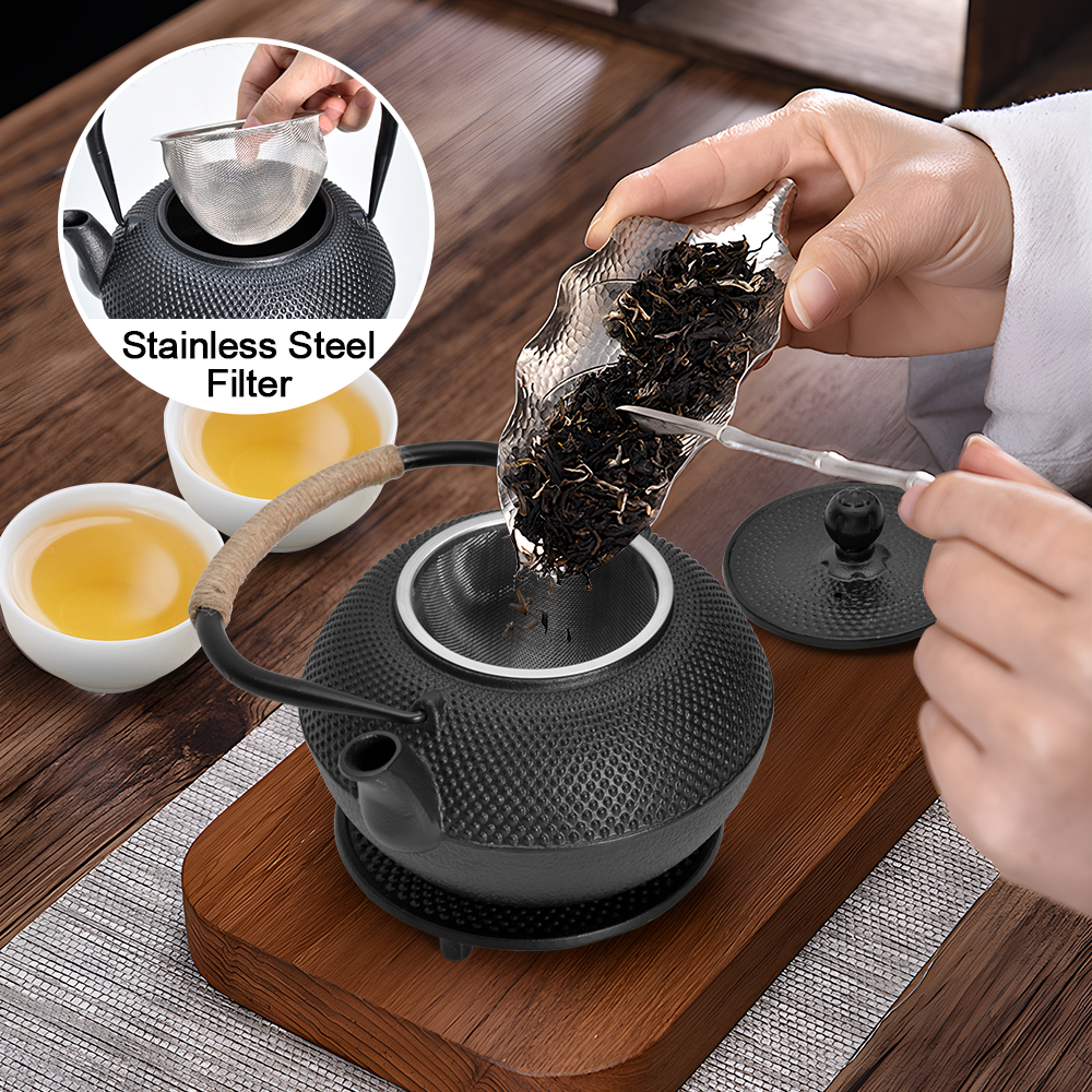1.2L Cast Iron Teapot and Warmer Set Tea Kettle Iron Bottle With Stainless Steel Mesh Infuser and Anti-Scald Handle Compatible with Multi-Heat Source Black