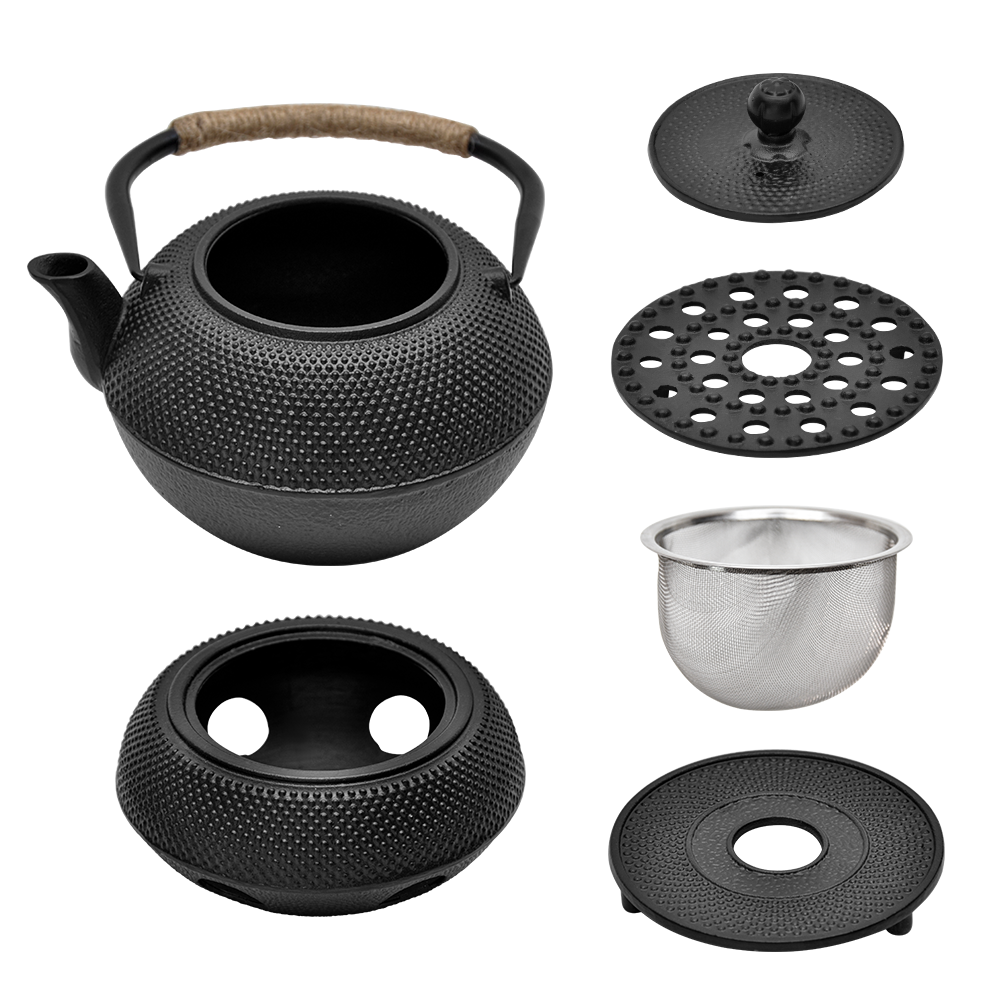 1.2L Cast Iron Teapot and Warmer Set Tea Kettle Iron Bottle With Stainless Steel Mesh Infuser and Anti-Scald Handle Compatible with Multi-Heat Source Black