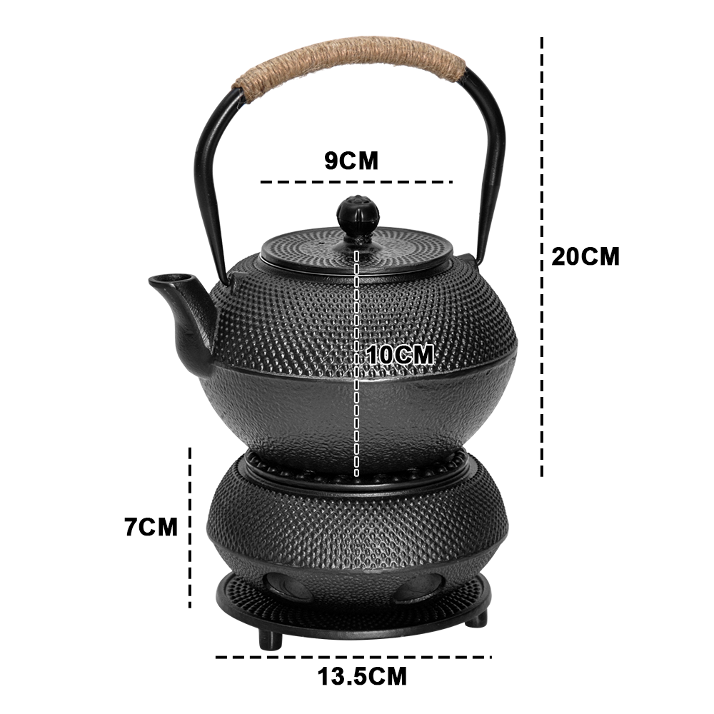 1.2L Cast Iron Teapot and Warmer Set Tea Kettle Iron Bottle With Stainless Steel Mesh Infuser and Anti-Scald Handle Compatible with Multi-Heat Source Black