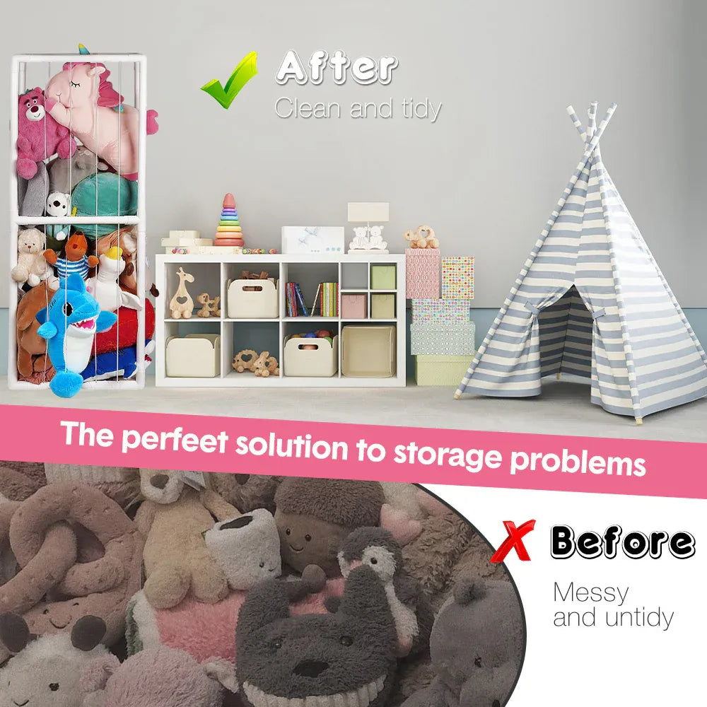 Stuffed Animal Storage Plush Toy Storage Vertical Corner Toys Display Holder Easy Accessible with Elastic Cord for Nursery Kids Room Bedroom Organization
