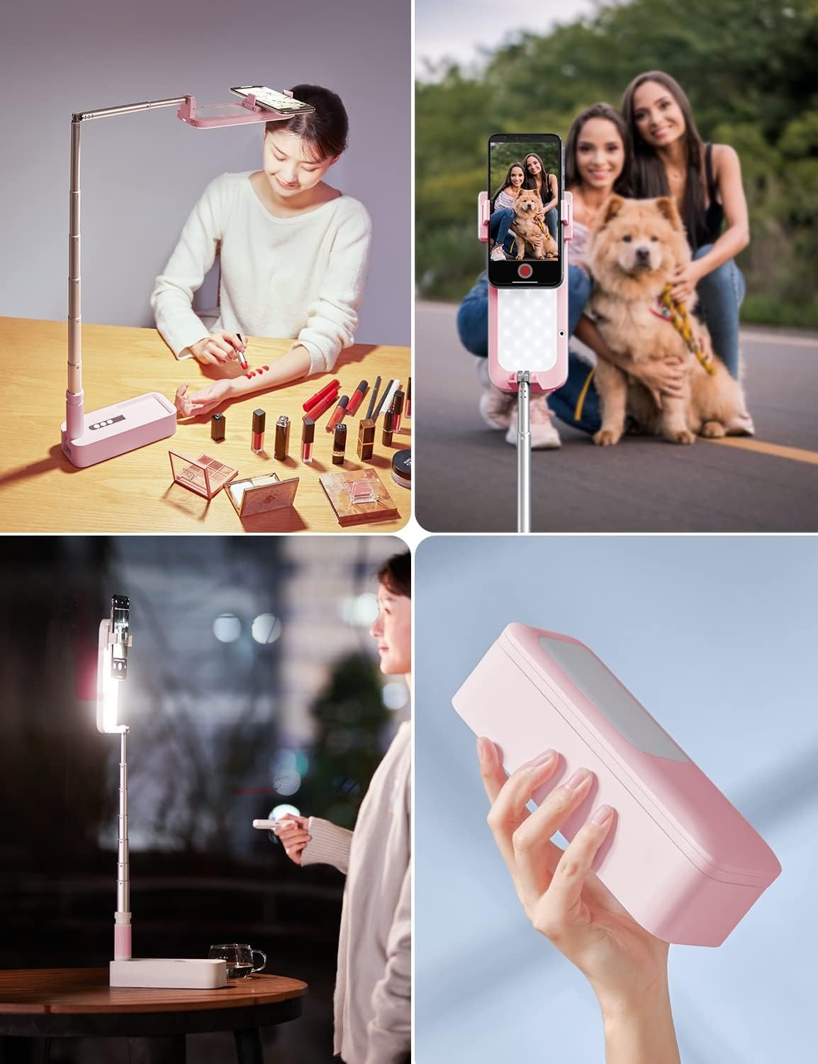 Selfie Stand with 360° Rotates Phone Holder, Foldable/Rechargeable/Wireless/Overhead Recording with 1000mah Battery for Live Stream/Make up/YouTube/Tiktok/Vlog, 7 Brightness LED Light(Pink)