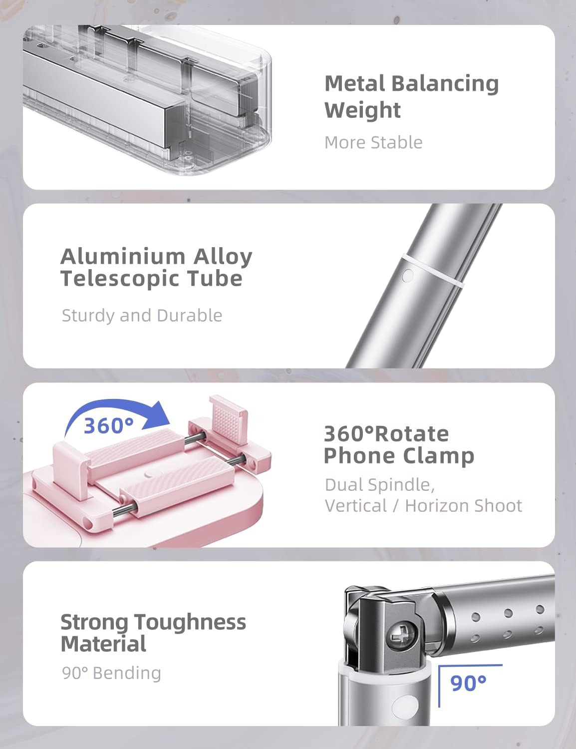 Selfie Stand with 360° Rotates Phone Holder, Foldable/Rechargeable/Wireless/Overhead Recording with 1000mah Battery for Live Stream/Make up/YouTube/Tiktok/Vlog, 7 Brightness LED Light(Pink)