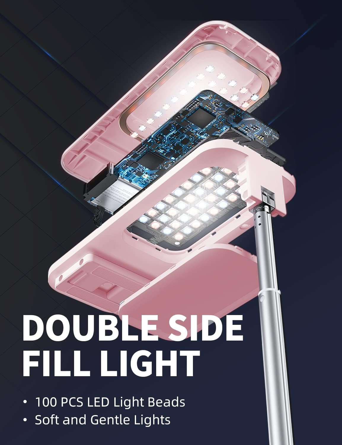 Selfie Stand with 360° Rotates Phone Holder, Foldable/Rechargeable/Wireless/Overhead Recording with 1000mah Battery for Live Stream/Make up/YouTube/Tiktok/Vlog, 7 Brightness LED Light(Pink)
