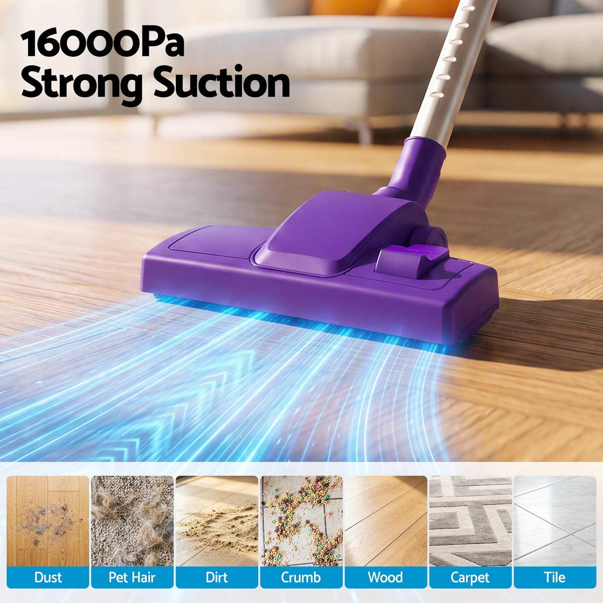 Devanti 3-in-1 Corded Stick Vacuum Cleaner, 16000Pa Strong Suction, Purple