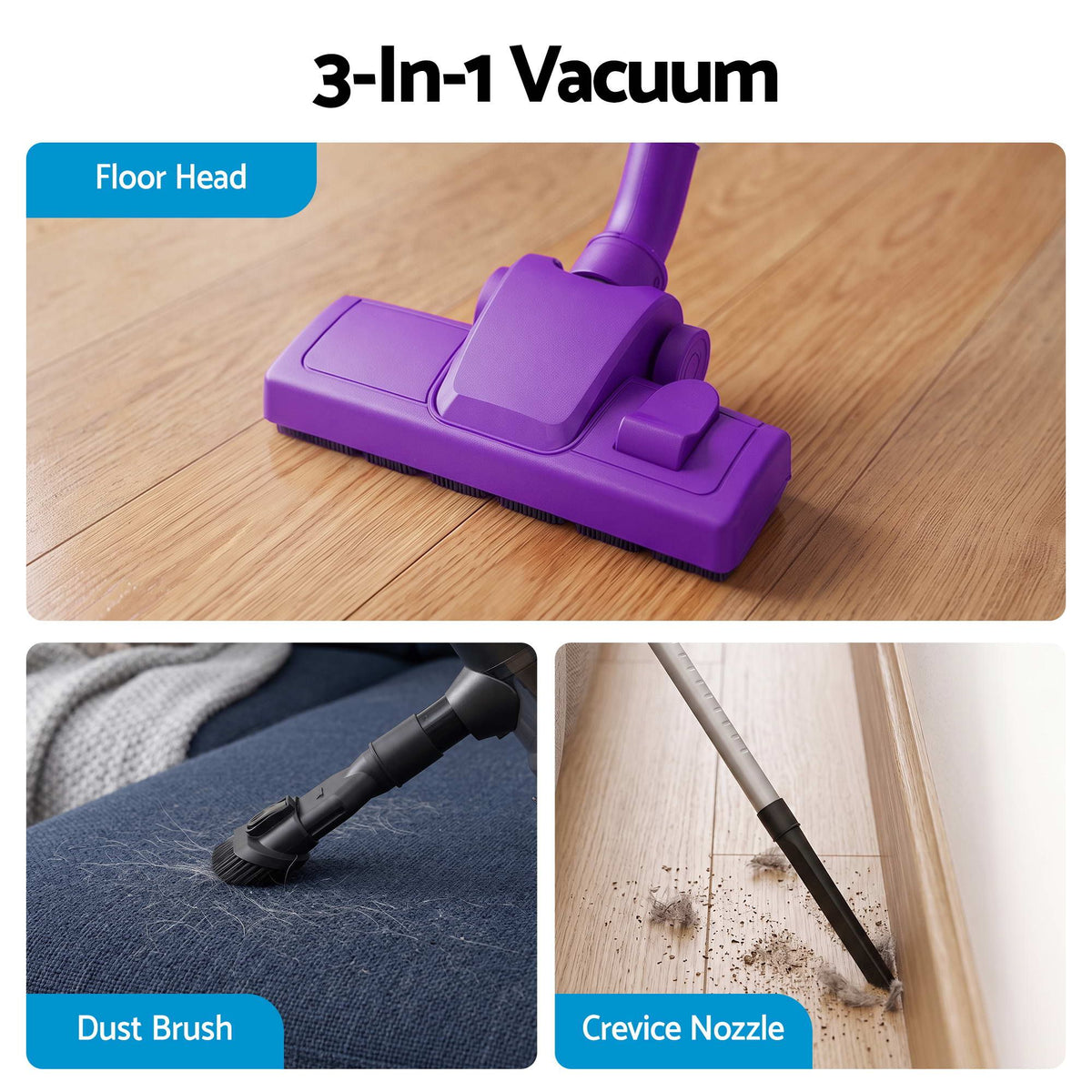Devanti 3-in-1 Corded Stick Vacuum Cleaner, 16000Pa Strong Suction, Purple