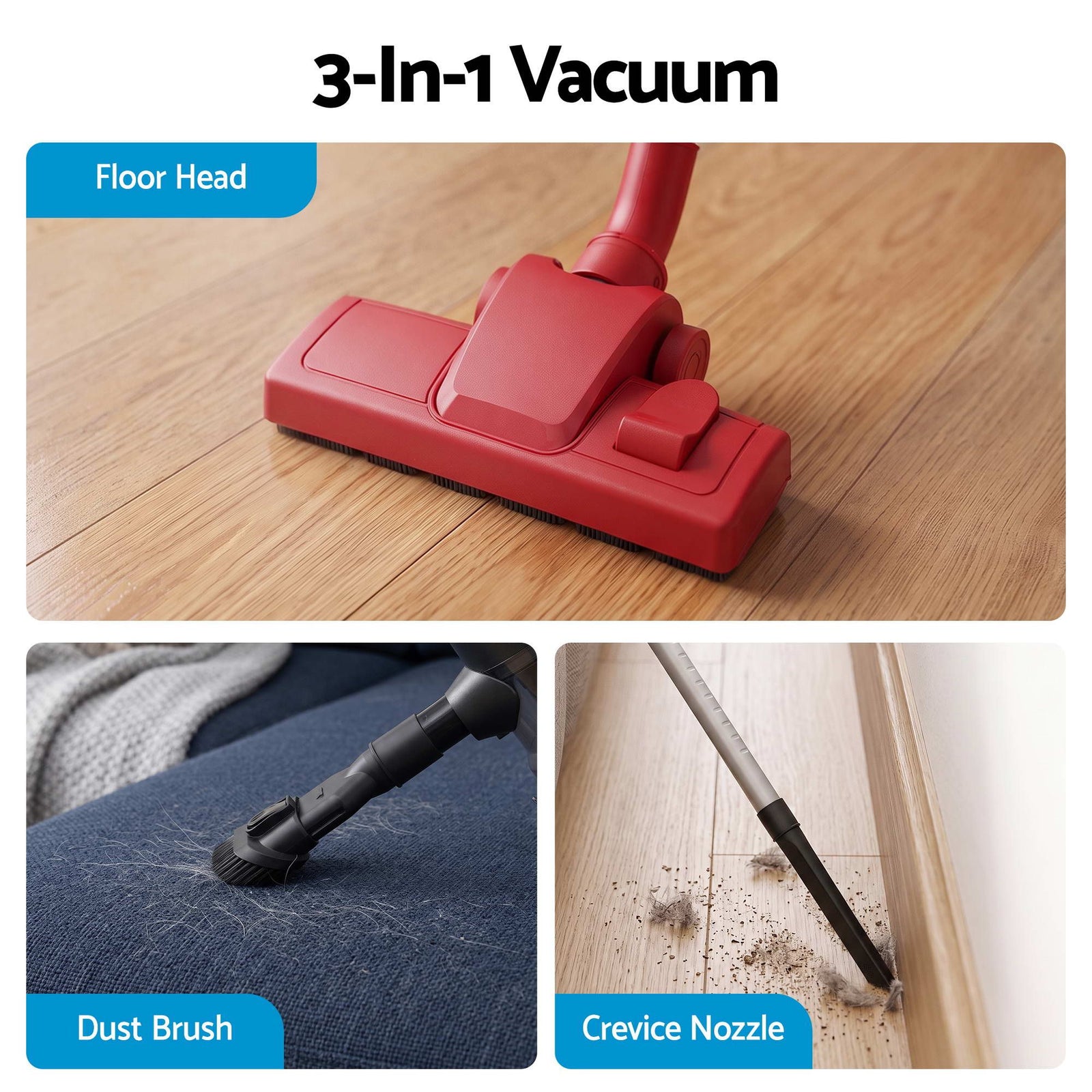 Devanti 3-in-1 Corded Stick Vacuum Cleaner, 16000Pa Strong Suction, Red