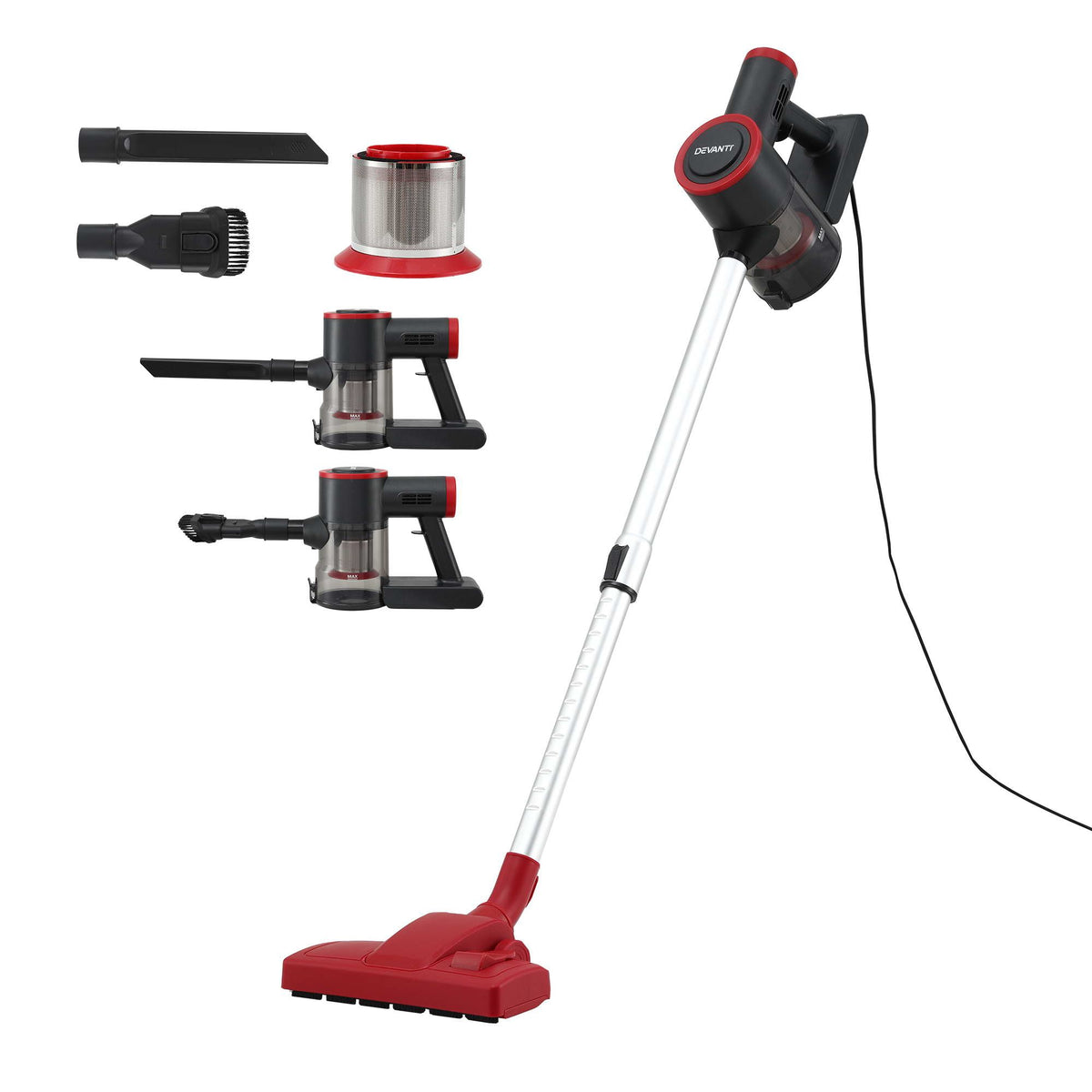 Devanti 3-in-1 Corded Stick Vacuum Cleaner, 16000Pa Strong Suction, Red