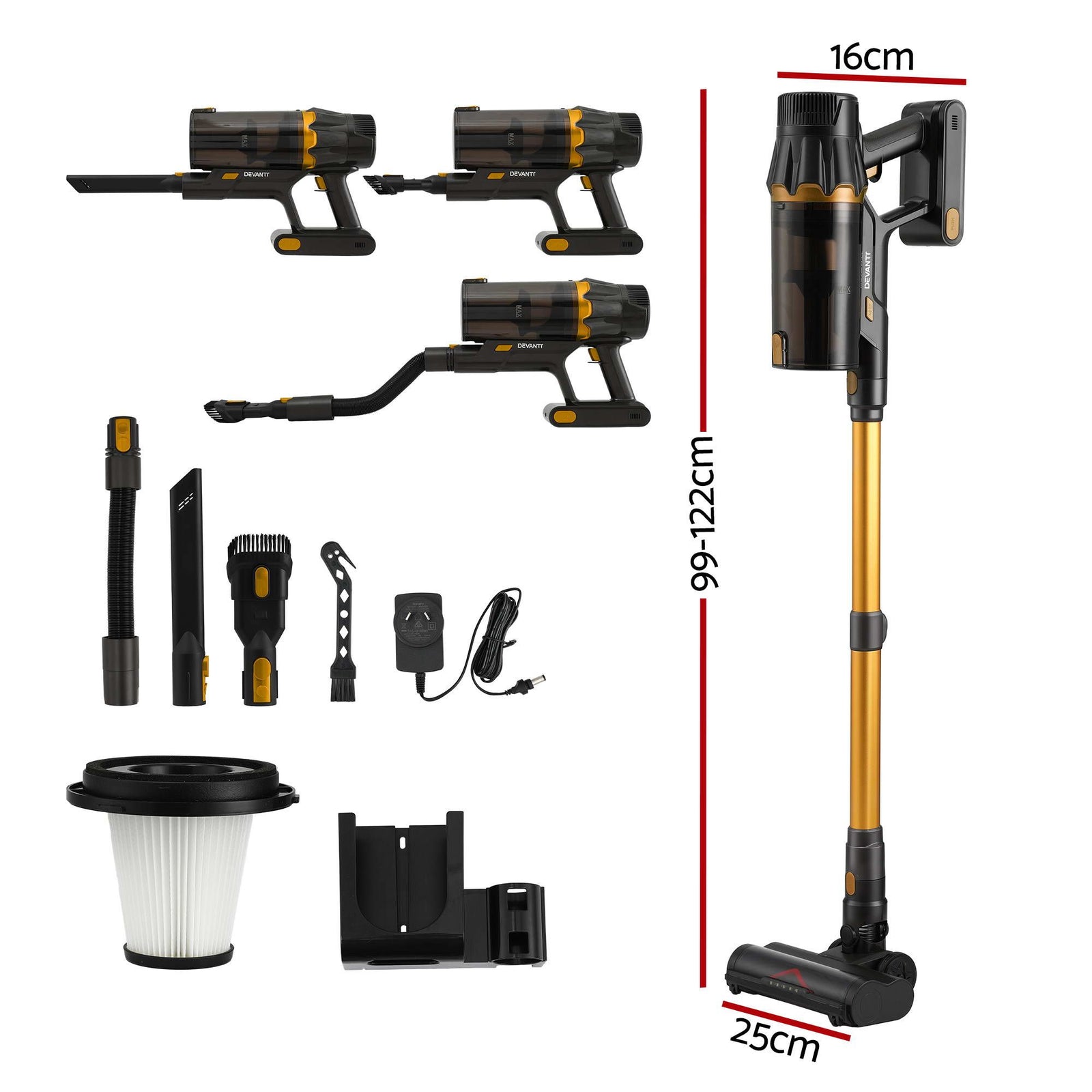 DEVANTI 30000Pa Cordless Stick Vacuum Cleaner 4-in-1 Handheld Vac, Gold