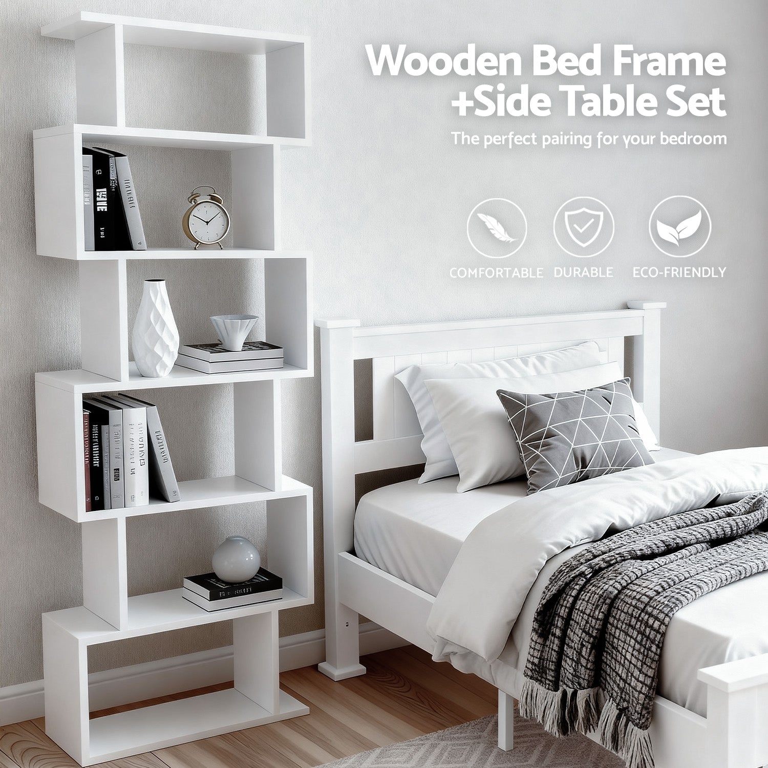 Artiss King Single Bed Frame and Bookshelf