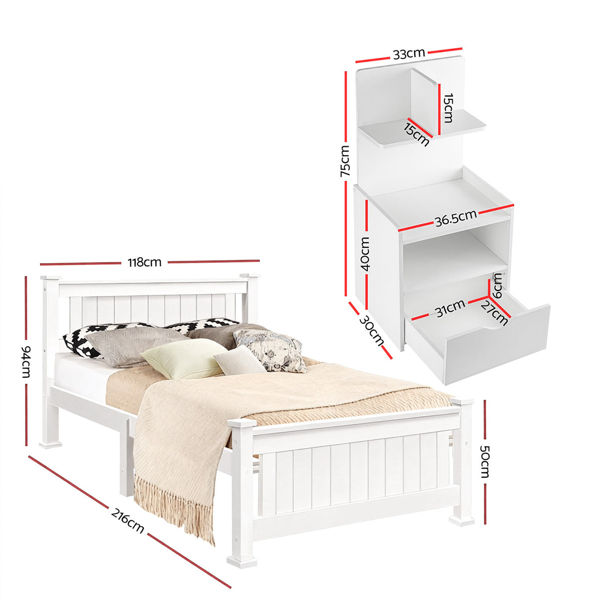 Artiss King Single Bed Frame and Bedside Table White