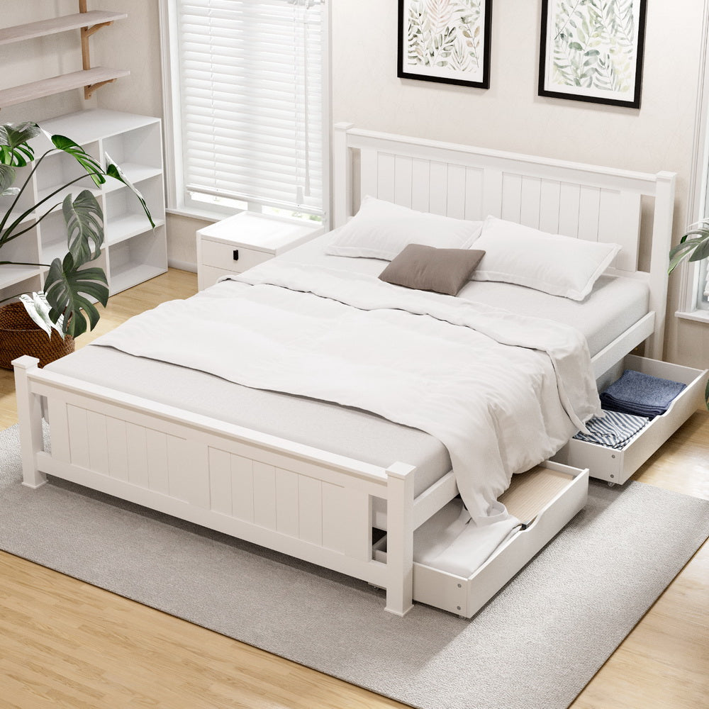 Artiss Bed Frame Queen Size Wooden Platform with 2 Storage Drawers White RIO