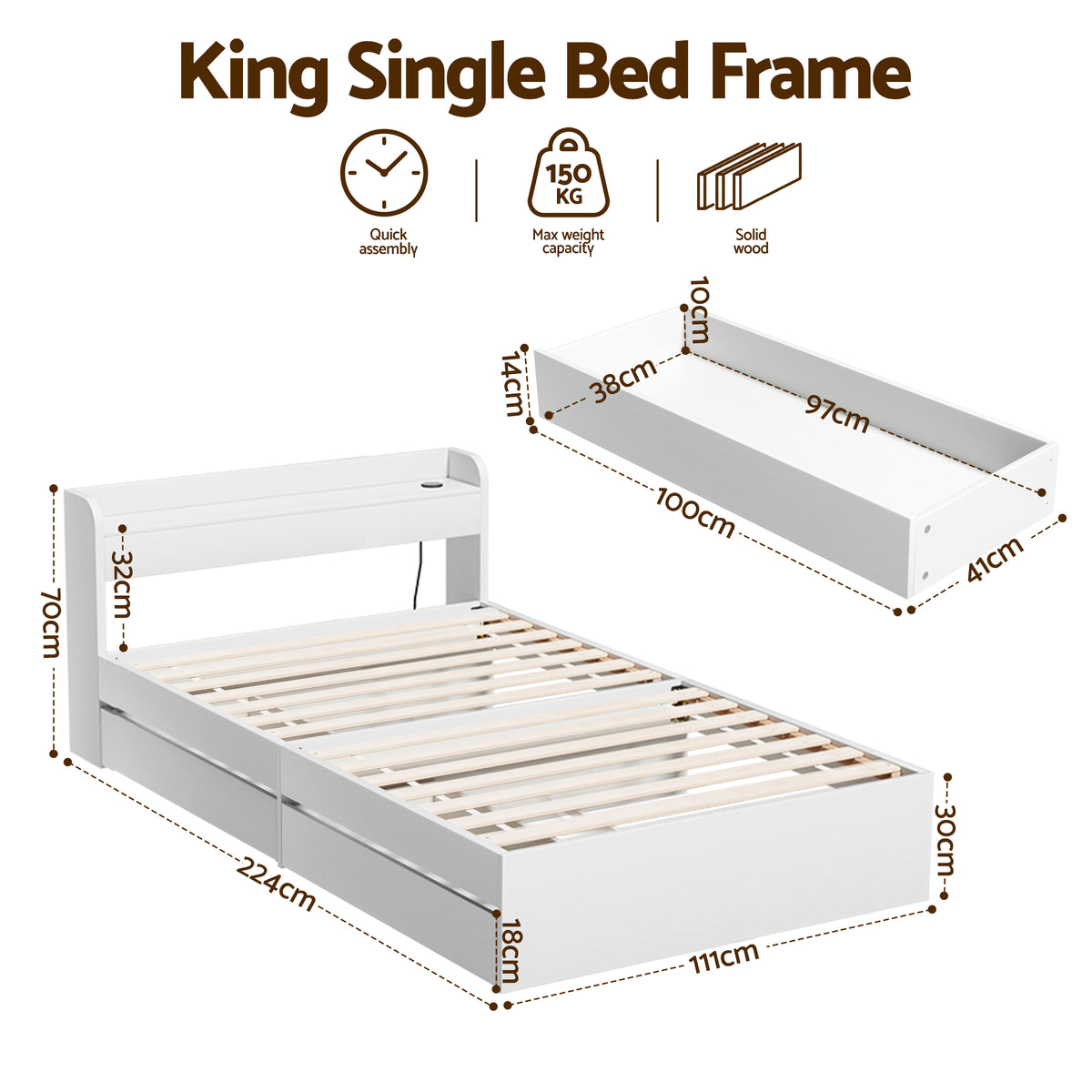 Artiss Bed Frame Single Size with Charging Ports and 2 Drawers AURA