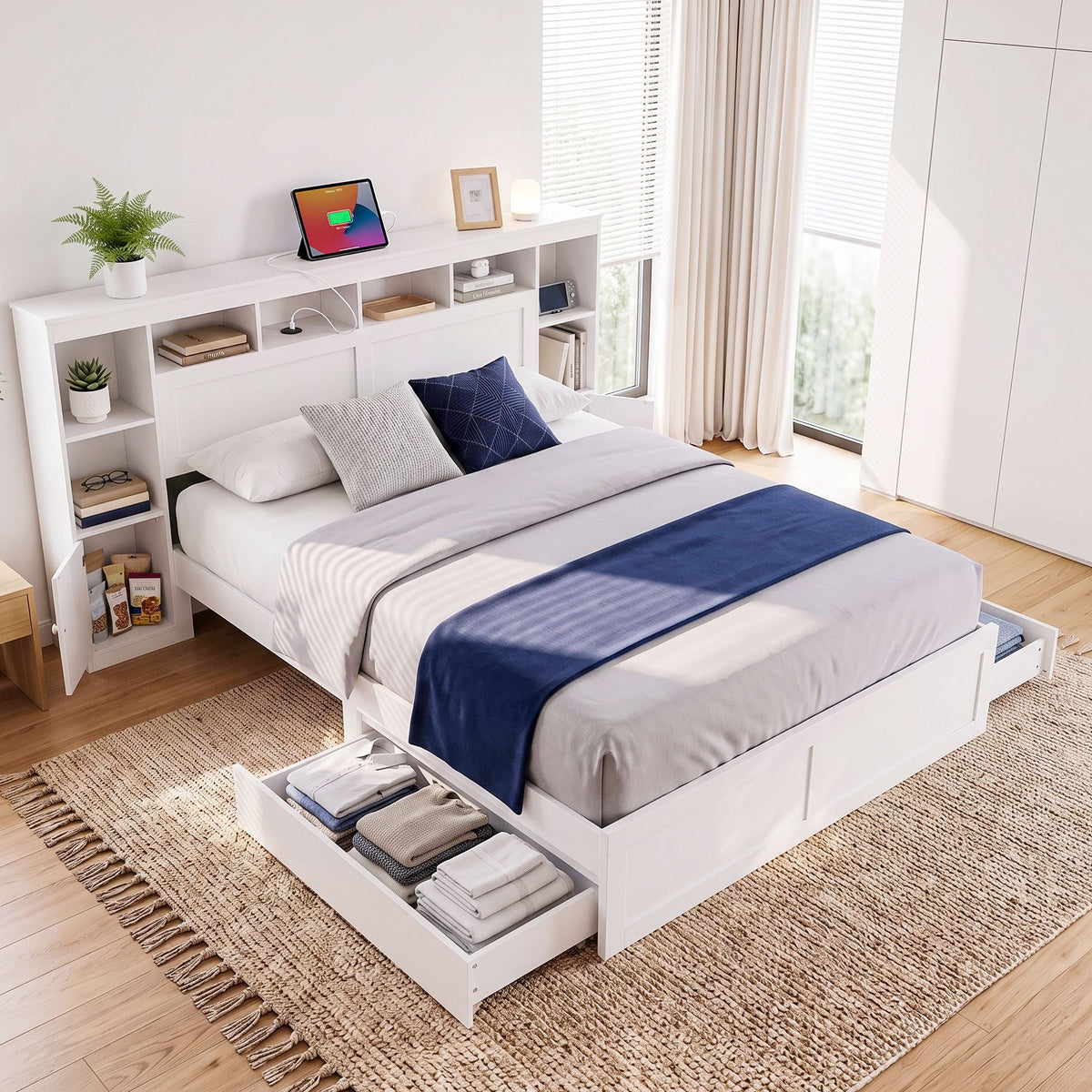 Artiss Queen Bed Frame with Storage Bookcase Headboard, USB &amp; Type-C Ports &amp; Drawers White
