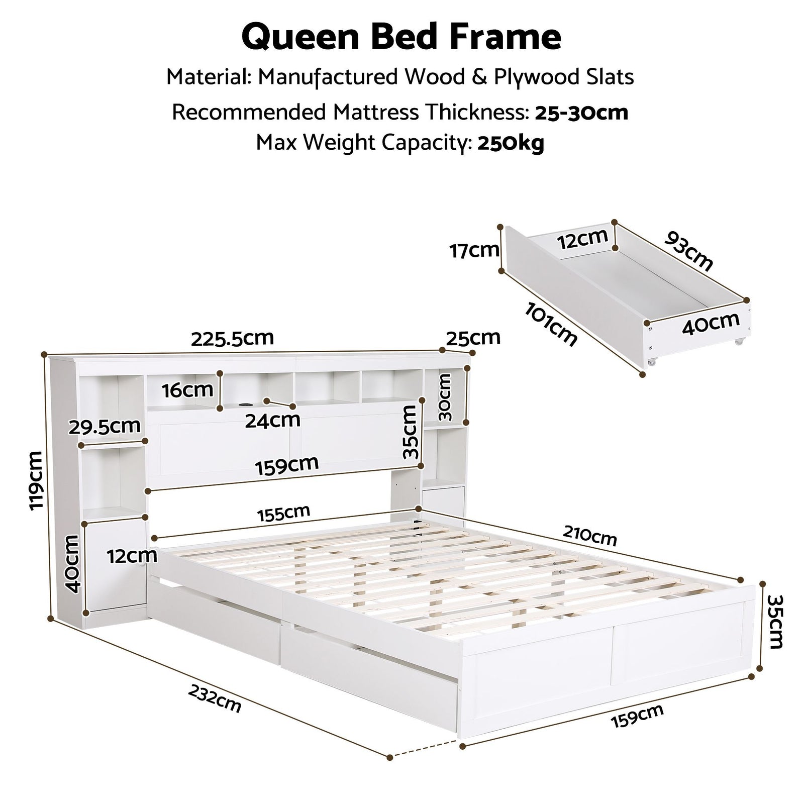 Artiss Queen Bed Frame with Storage Bookcase Headboard, USB & Type-C Ports & Drawers White