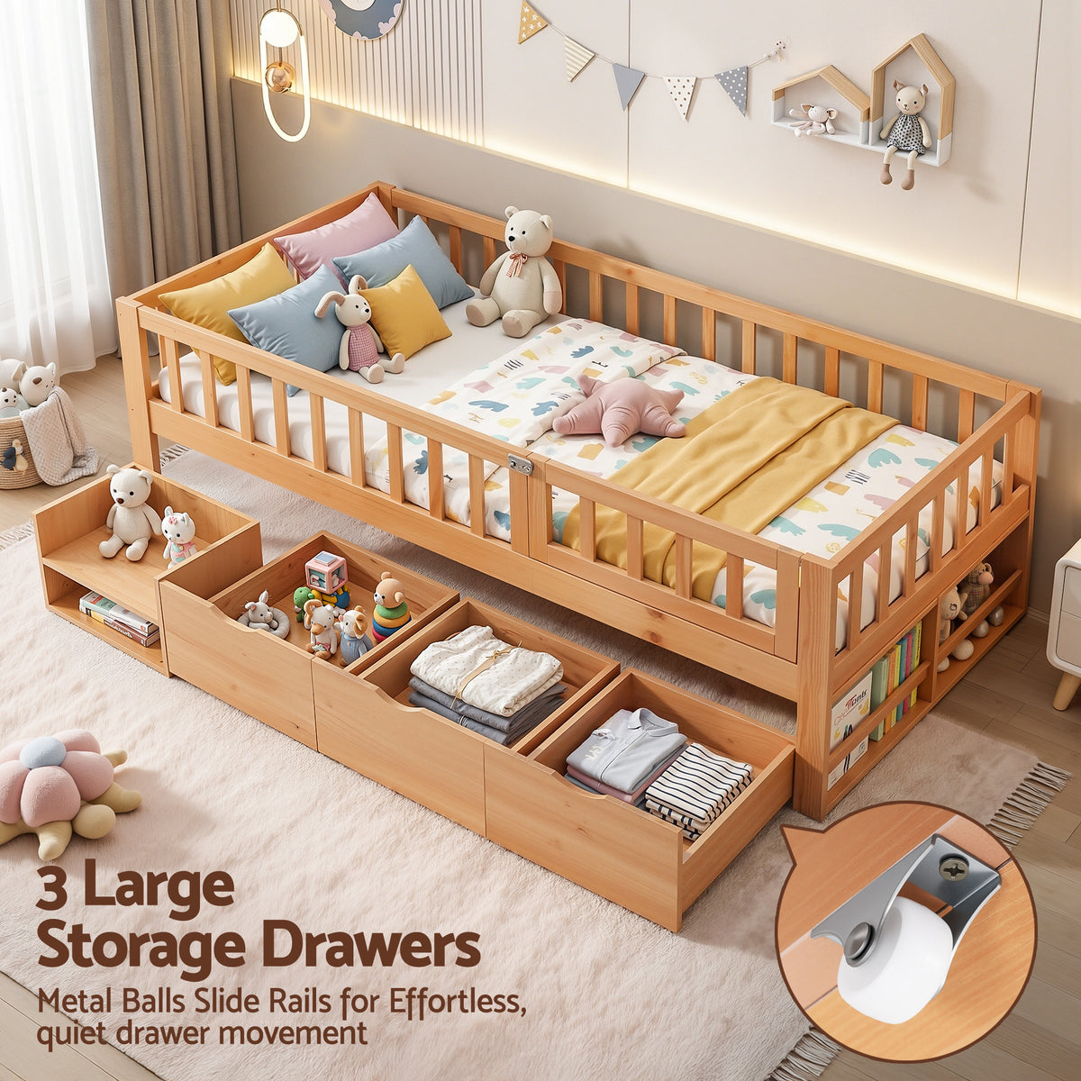 Artiss Kids Single Bed Frame with 3 Storage Drawer Montessori Bed for Toddler Natural