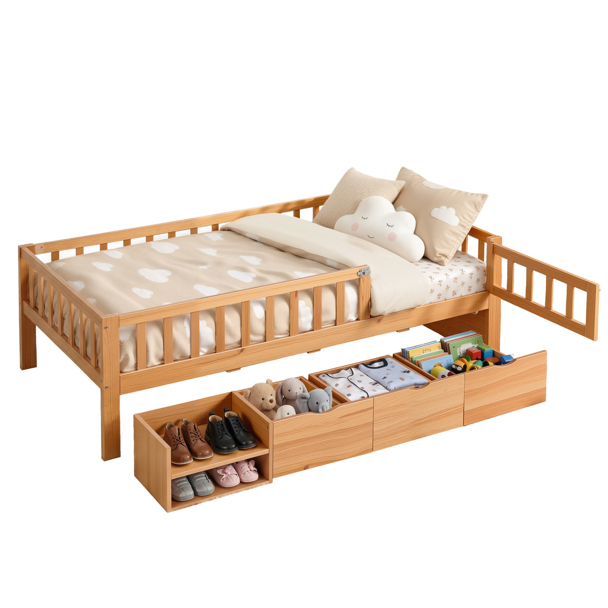 Artiss Kids Single Bed Frame with 3 Storage Drawer Montessori Bed for Toddler Natural