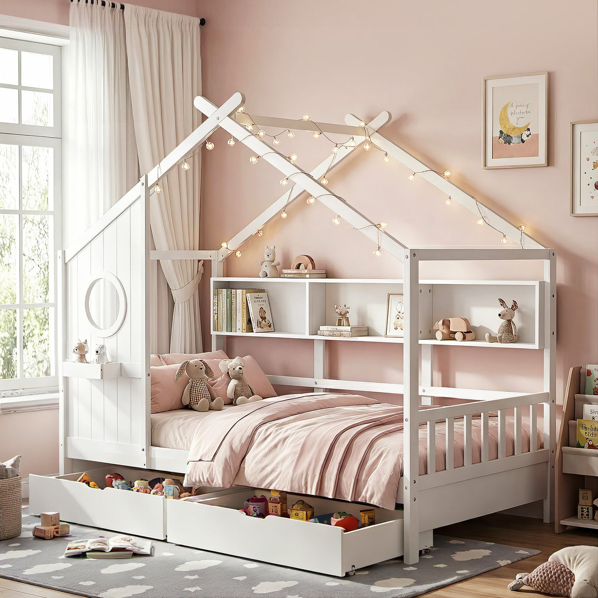 Artiss Kids Single Bed Frame with 3 Storage Bookcase &amp; 2 Drawers House Bed Solid Wood Montessori Bed Easy Assembly White