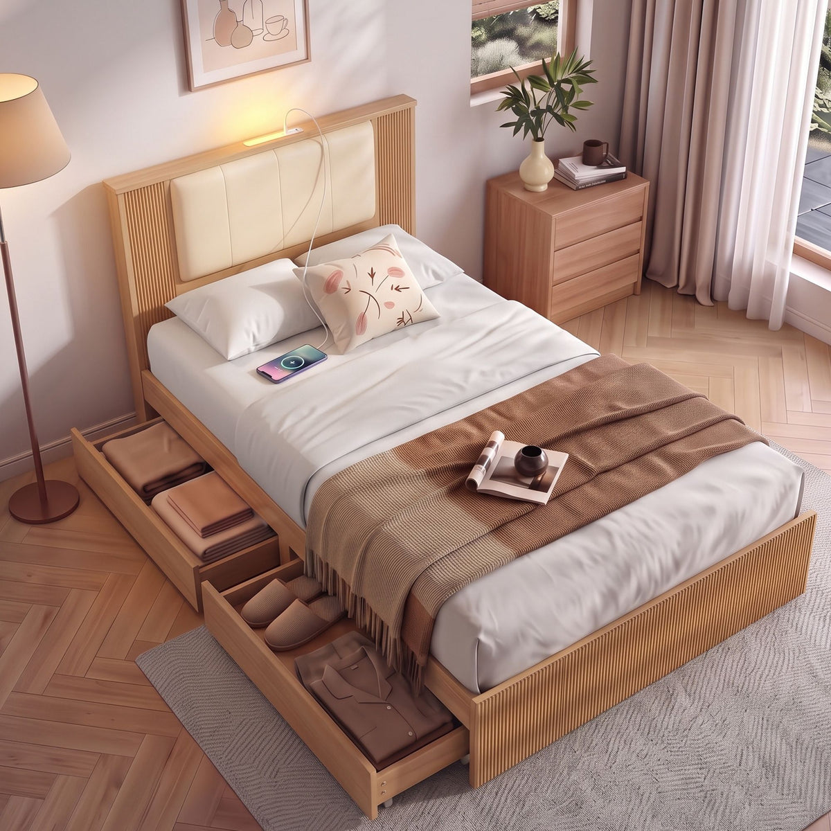 Artiss King Single Bed Frame with 2 Drawers, PU Leather Headboard &amp; Charging Station