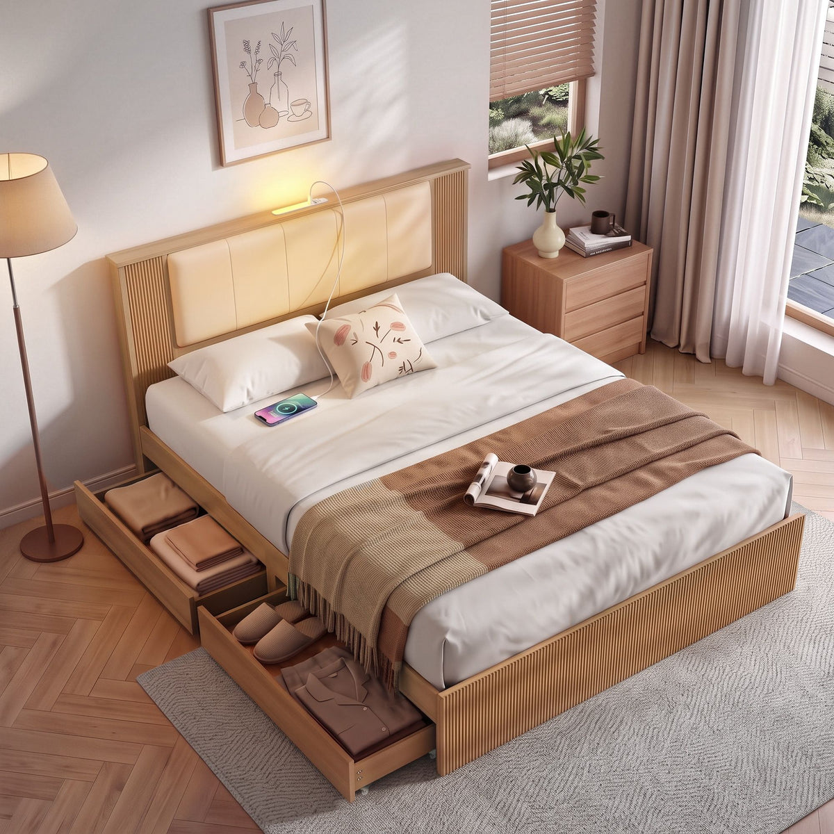 Artiss Queen Bed Frame with 2 Drawers, PU Leather Headboard &amp; Charging Station