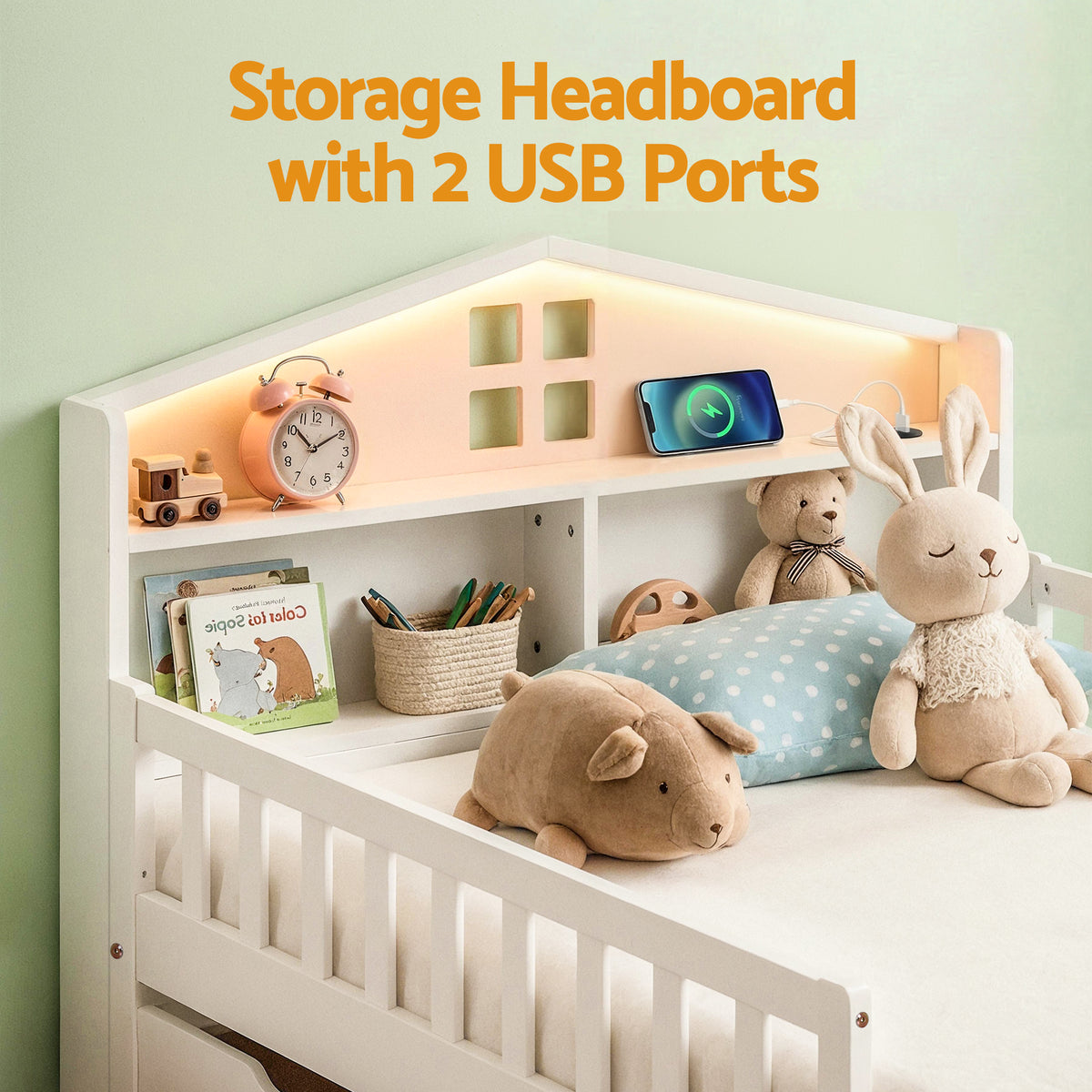 Artiss Single Bed Frame with 2 Storage Drawers, Montessori Bed with Headboard, 2 USB Ports & Led Light, Solid Wood Platform Bed Base with Safety Rail & Ladder, 31CM Under-Bed Storage, White