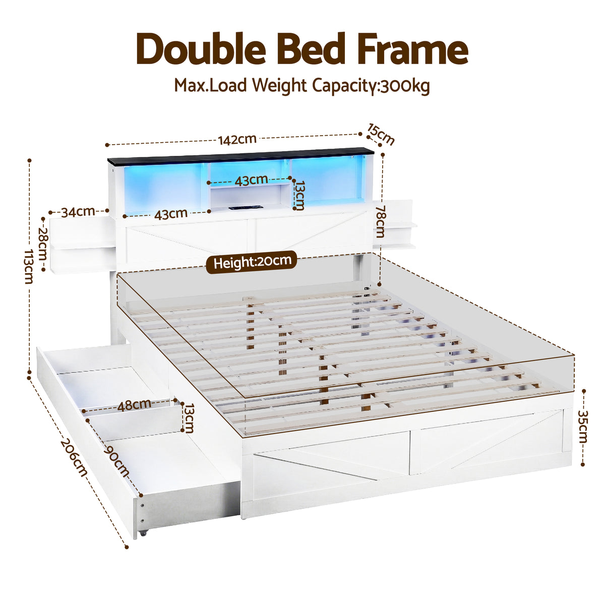 Artiss Double Bed Frame with Storage Drawers White Platform Bedframe with Bookcase Headboard Charging Station Led Light