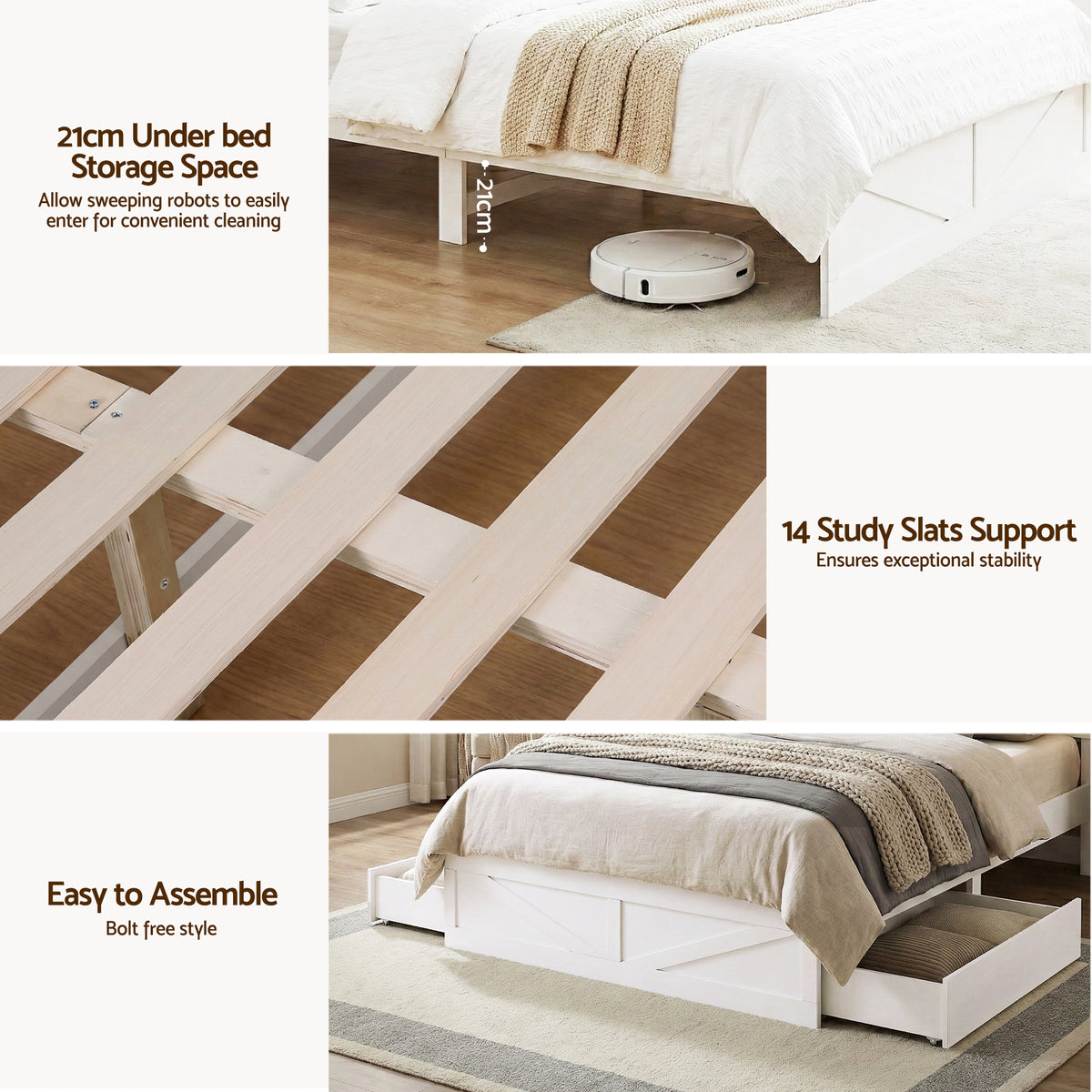 Artiss Double Bed Frame with Storage Drawers White Platform Bedframe with Bookcase Headboard Charging Station Led Light