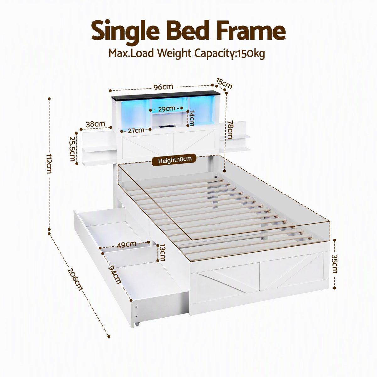 Artiss Single Bed Frame with Storage Drawers White Platform Bedframe with Bookcase Headboard Charging Station Led Light