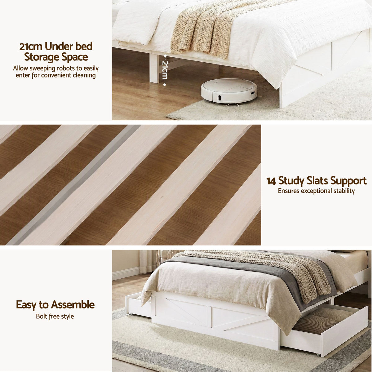 Artiss Single Bed Frame with Storage Drawers White Platform Bedframe with Bookcase Headboard Charging Station Led Light