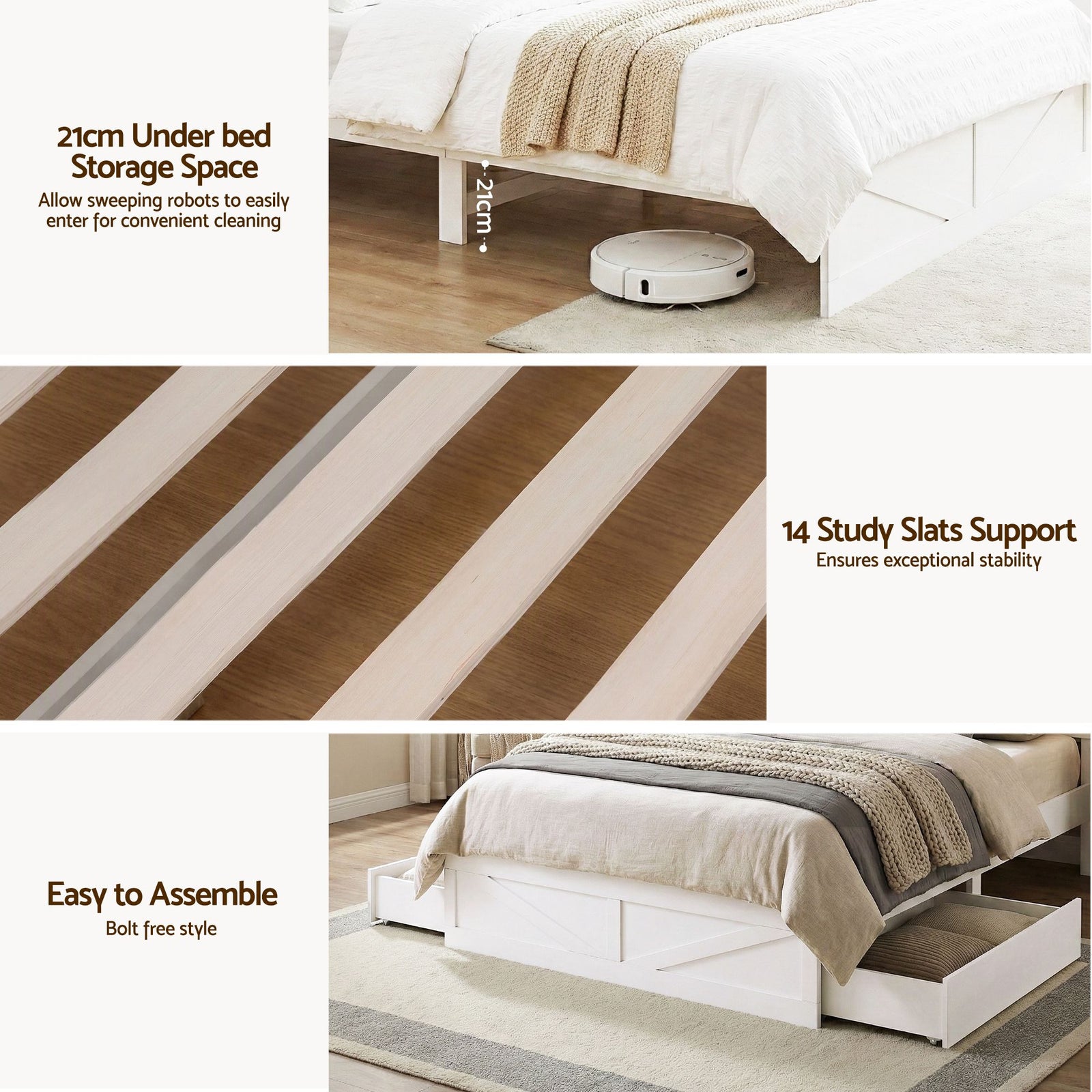 Artiss Single Bed Frame with Storage Drawers White Platform Bedframe with Bookcase Headboard Charging Station Led Light