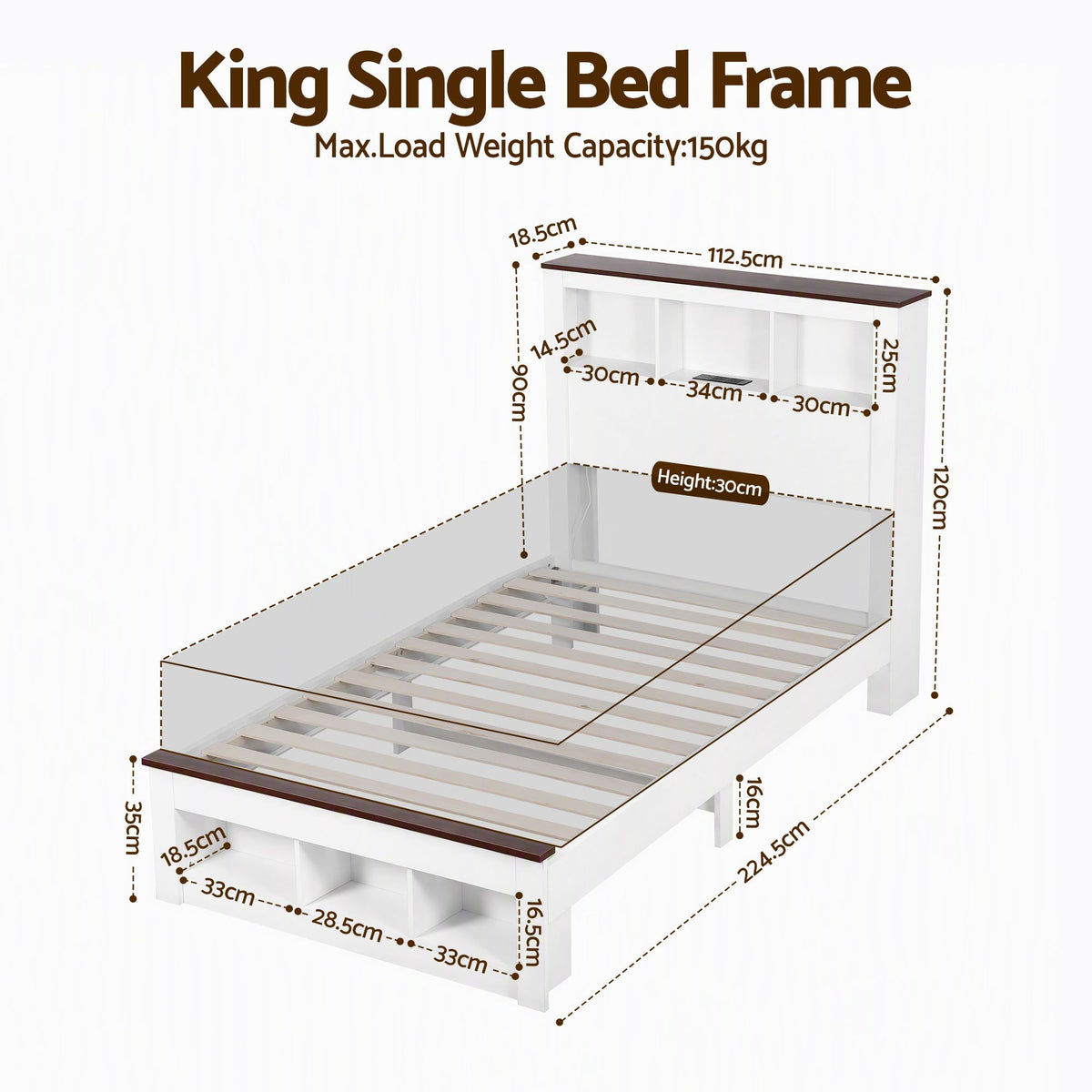 Artiss King Single Bed Frame with Storage Bookcase Headboard and Footboard, White