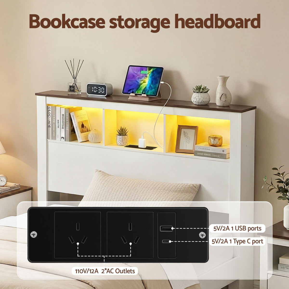 Artiss King Single Bed Frame with Storage Bookcase Headboard and Footboard, White
