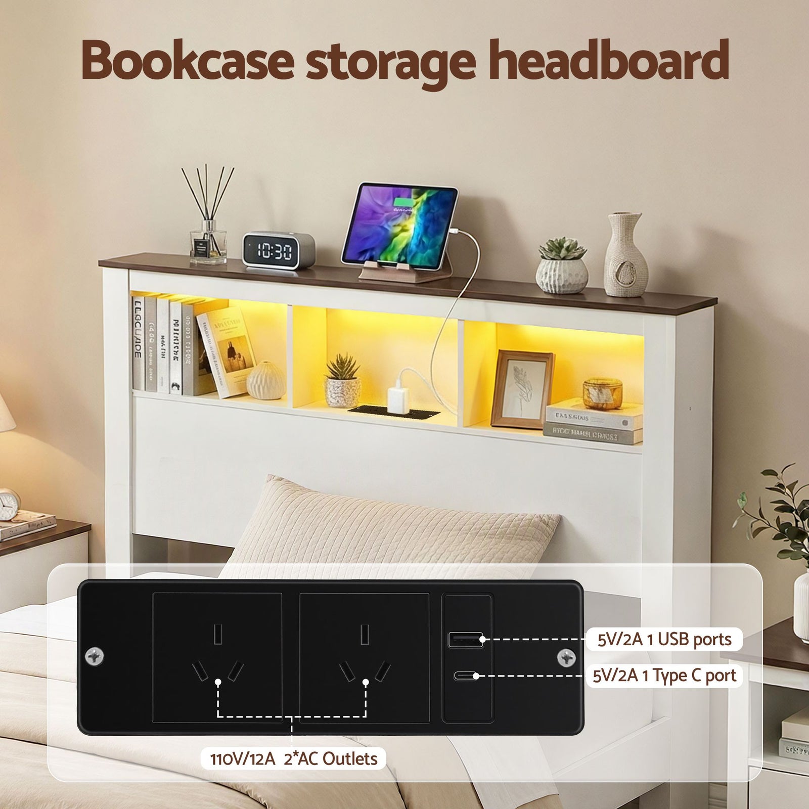 Artiss King Single Bed Frame with Storage Bookcase Headboard and Footboard, White