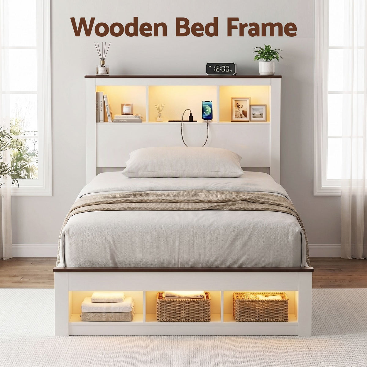 Artiss King Single Bed Frame with Storage Bookcase Headboard and Footboard, White
