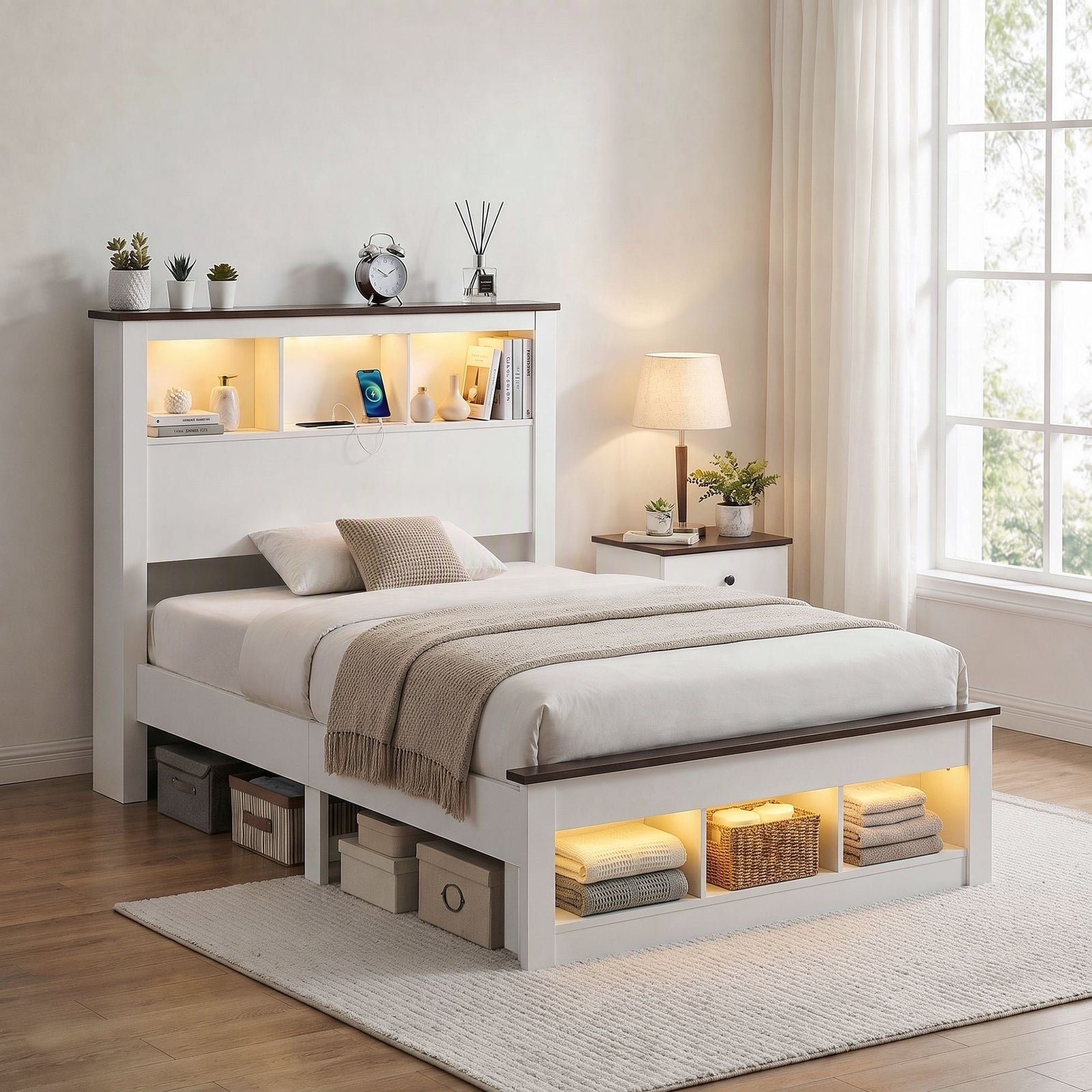 Artiss Single Bed Frame with Storage Bookcase Headboard and Footboard, White