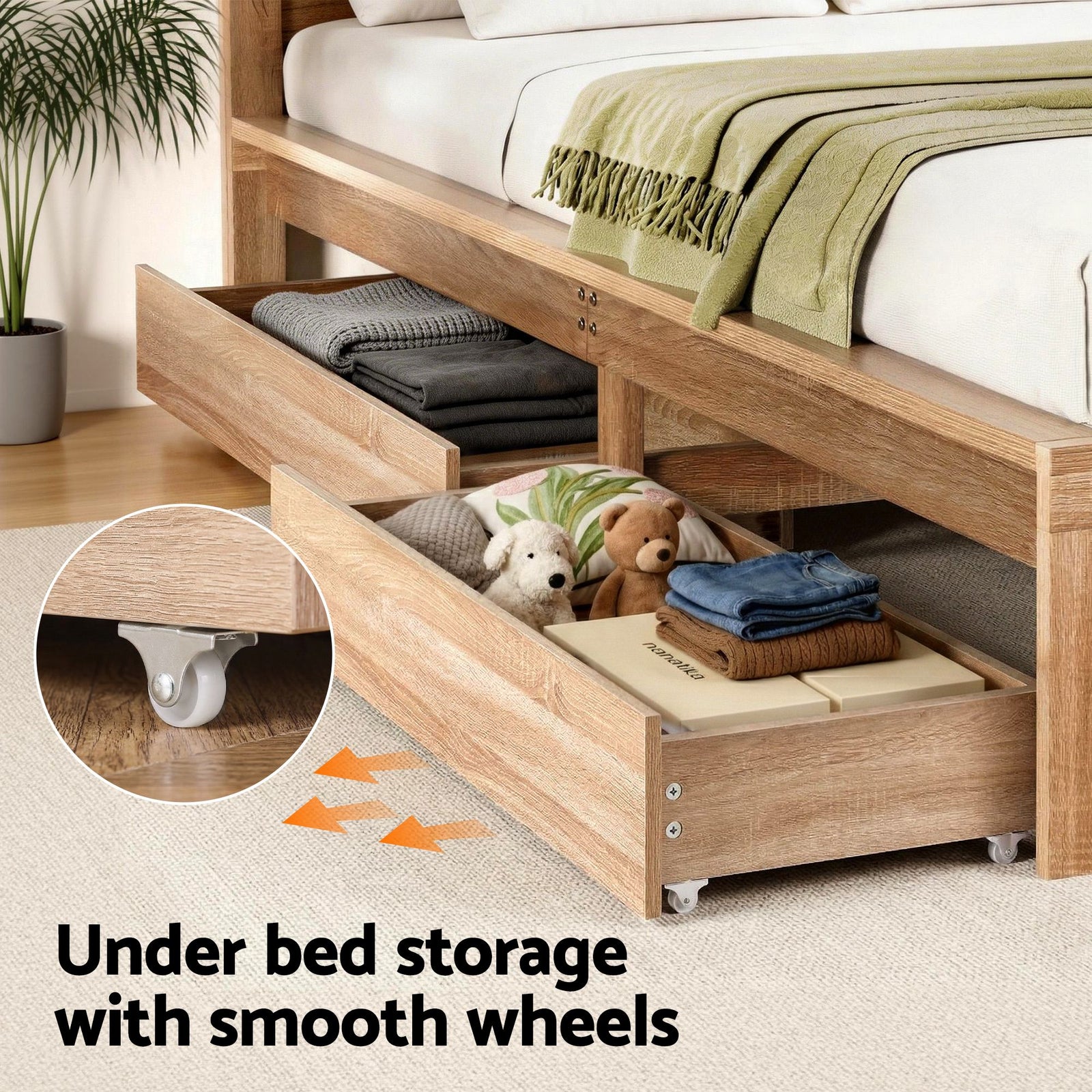 Artiss Single Bed Frame with 2 Drawers Wooden Bed Base Walnut