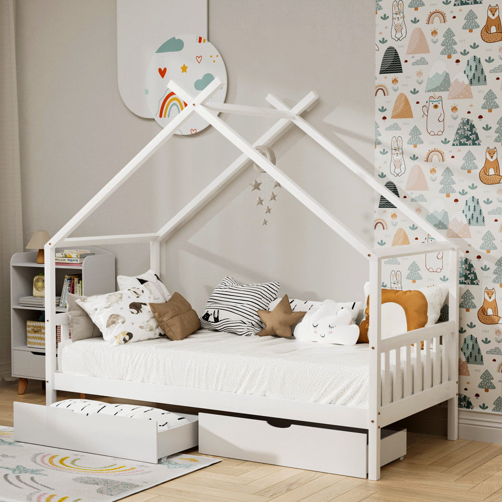 Artiss Bed Frame Wooden Base Kids Single Timber House  with 2 Storage Drawers Beds White