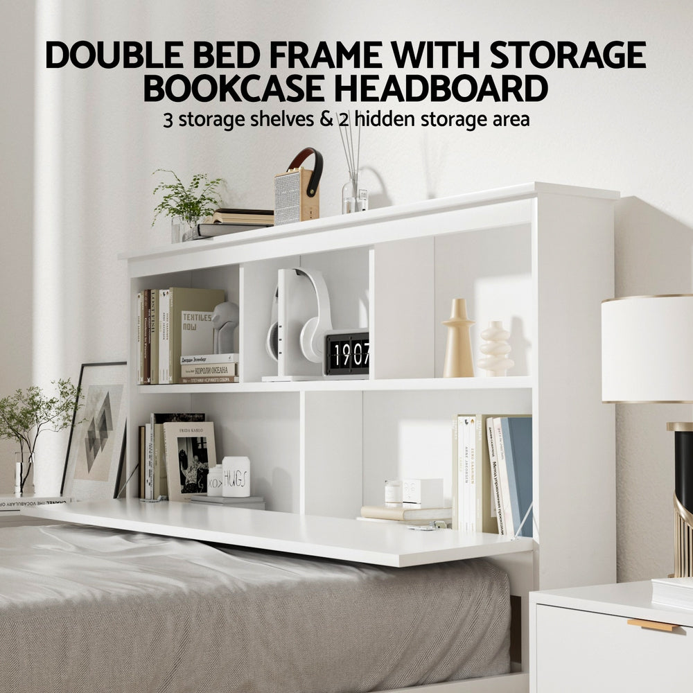 Artiss Bed Frame Double Size Wooden with 3 Shelves Bed Head White